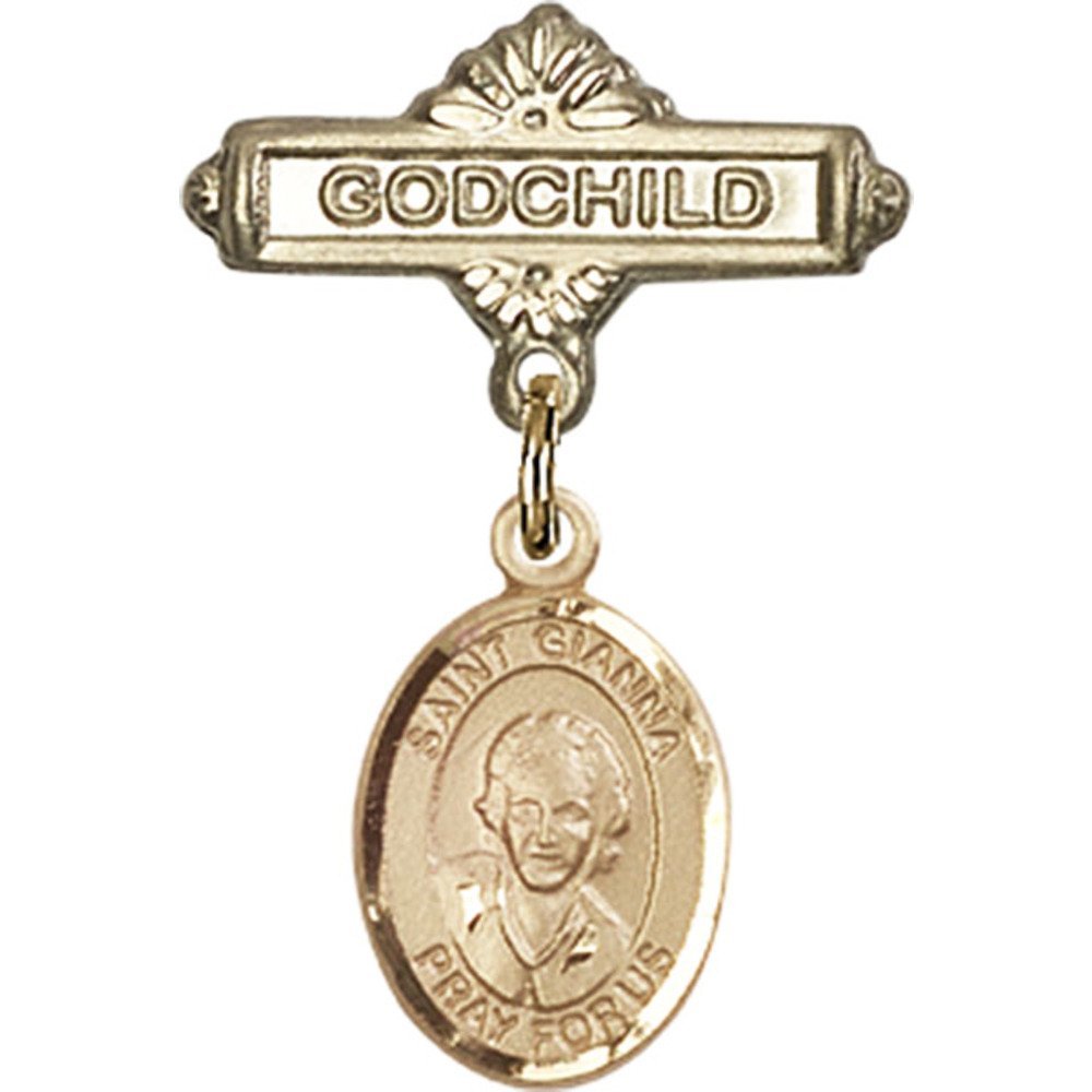 Gold Filled Baby Badge with St. Gianna Beretta Molla Charm - 1 X 5/8 Inch Godchild Pin - Perfect for Baptism Gifts, Christening Jewelry & Religious Keepsakes