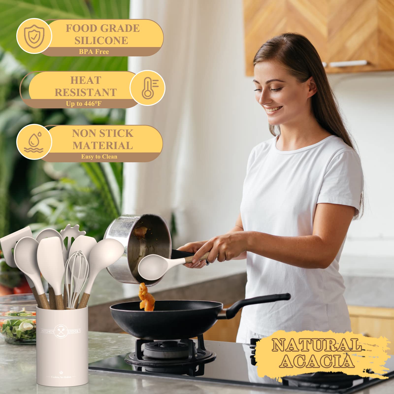 9Pcs Silicone Kitchen Utensil Set with Wooden Handle - Heat Resistant for Nonstick Cookware - Perfect for Baking & Cooking
