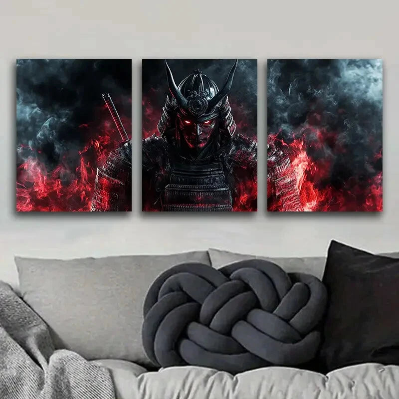 3-Piece Metal Wall Art Print - Crimson Warrior with Black Horns - Ready to Hang - Gothic Home Decor for Living Room, Bedroom, or Office