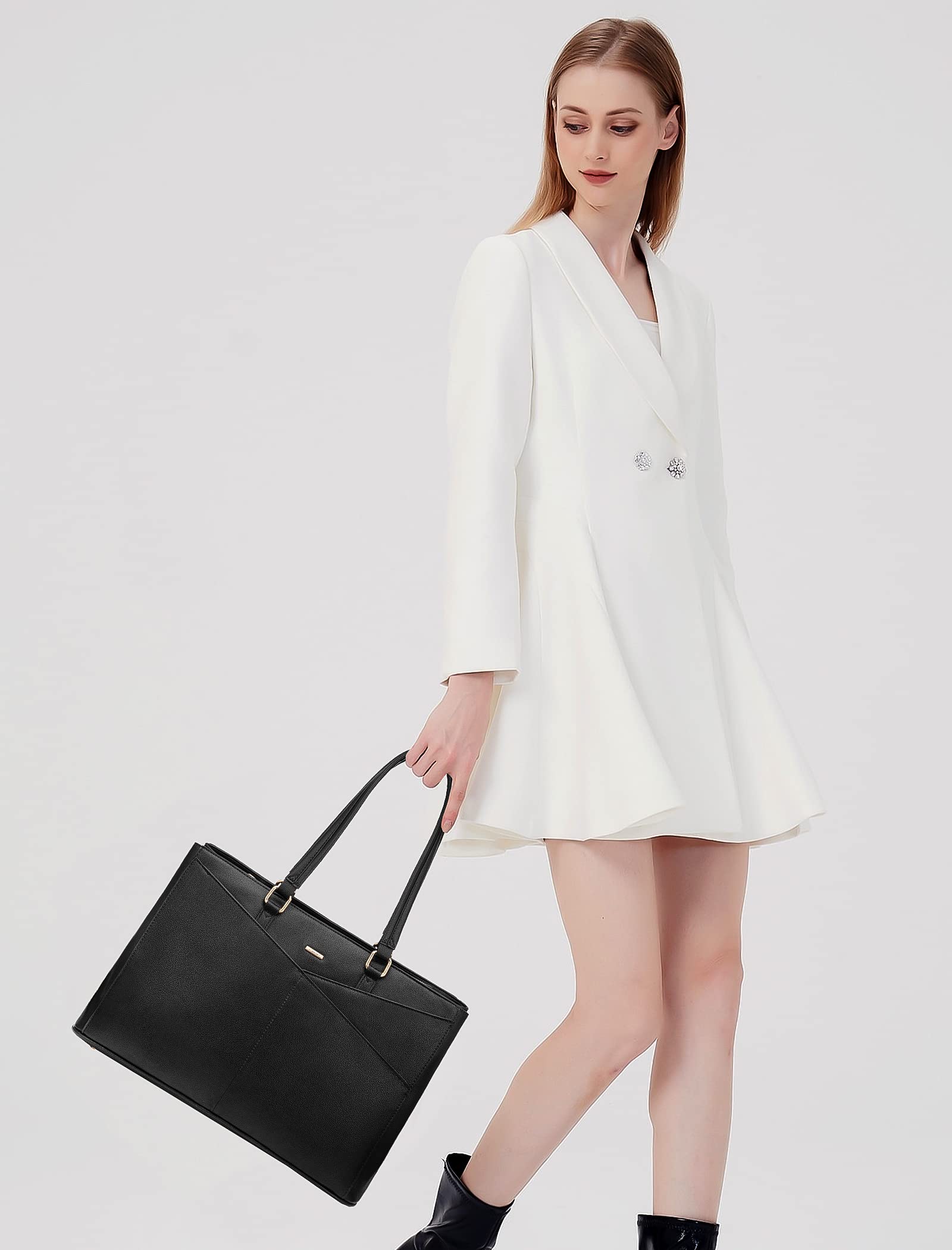LOVEVOOK 15.6 Inch Waterproof Leather Laptop Tote Bag for Women - Stylish Business Office Work Briefcase with Multiple Pockets (Black) - Perfect for Commuting, Business Trips and Professional Work Settings