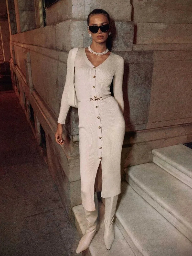 Elegant Long Sleeve Sweater Dress for Women - Single Breasted Knit Maxi Dress for Autumn Winter - Slit Evening Party Dress 2024 | Perfect for Holiday Gatherings, Office Wear & Date Nights