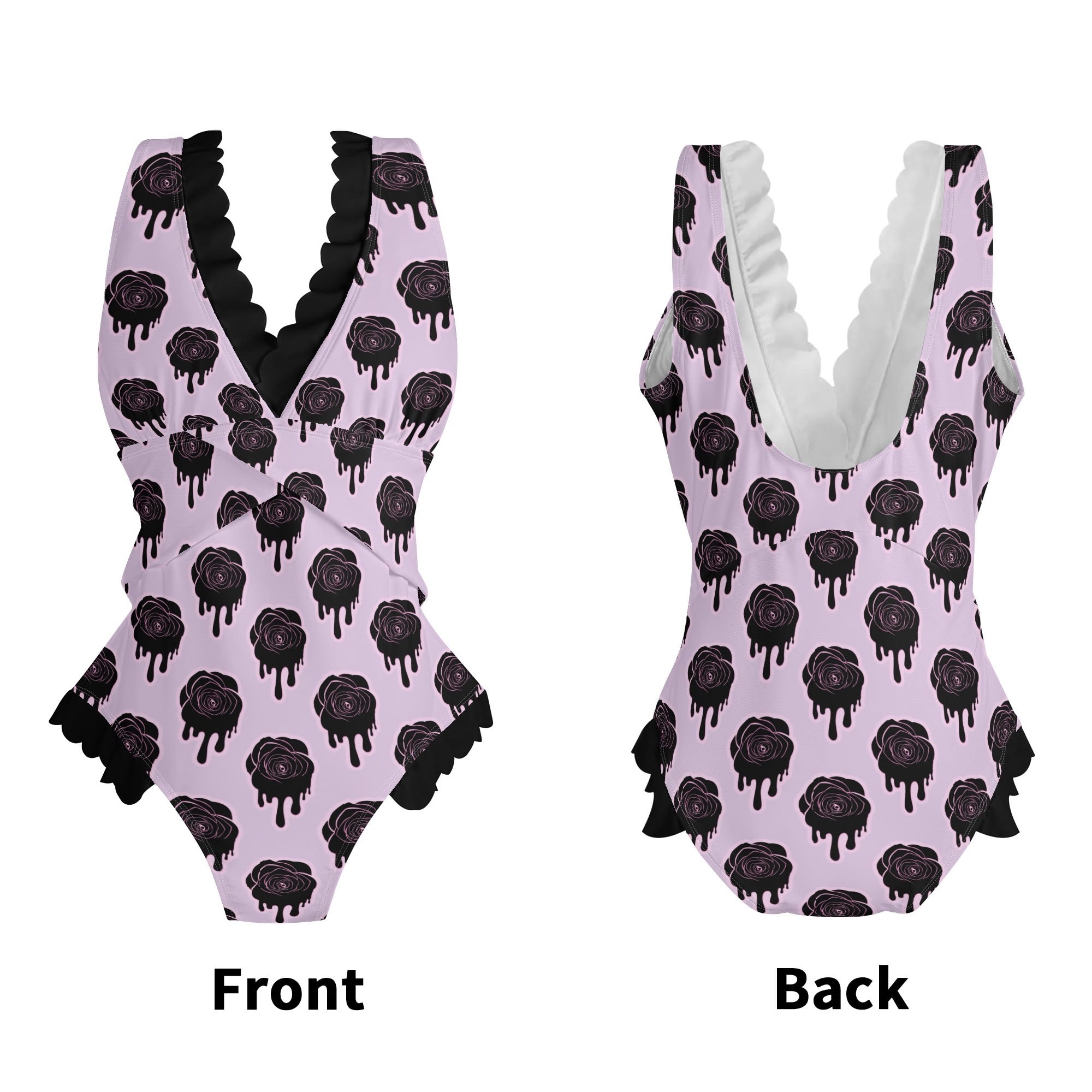 Dripping Roses Ruffle Edge Cross Front One Piece Swimsuit - Sexy Bathing Suit for Women, Beachwear, Pool Party, Summer Vacation
