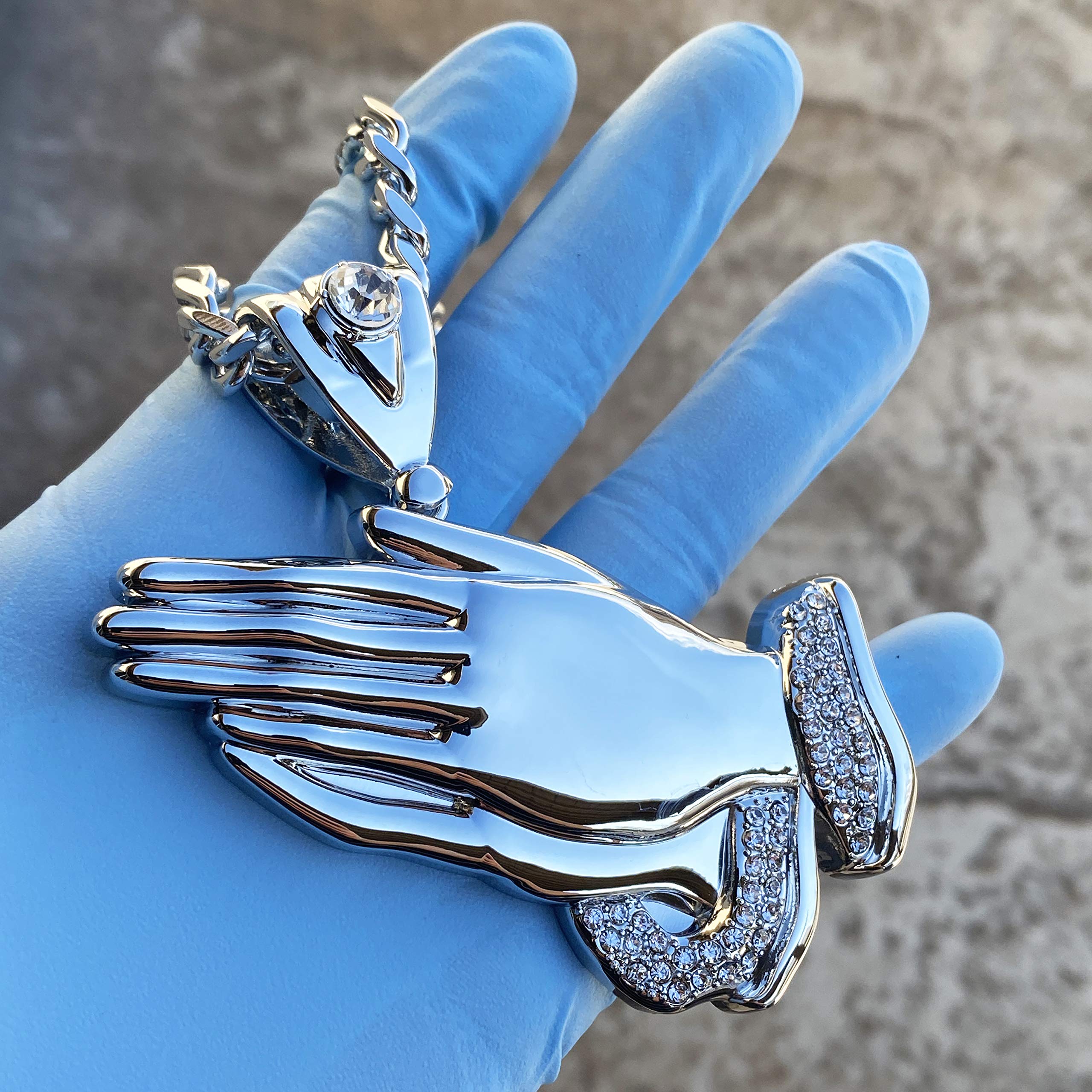 Bling Cartel Large Silver Tone Praying Hands Pendant Necklace - 30