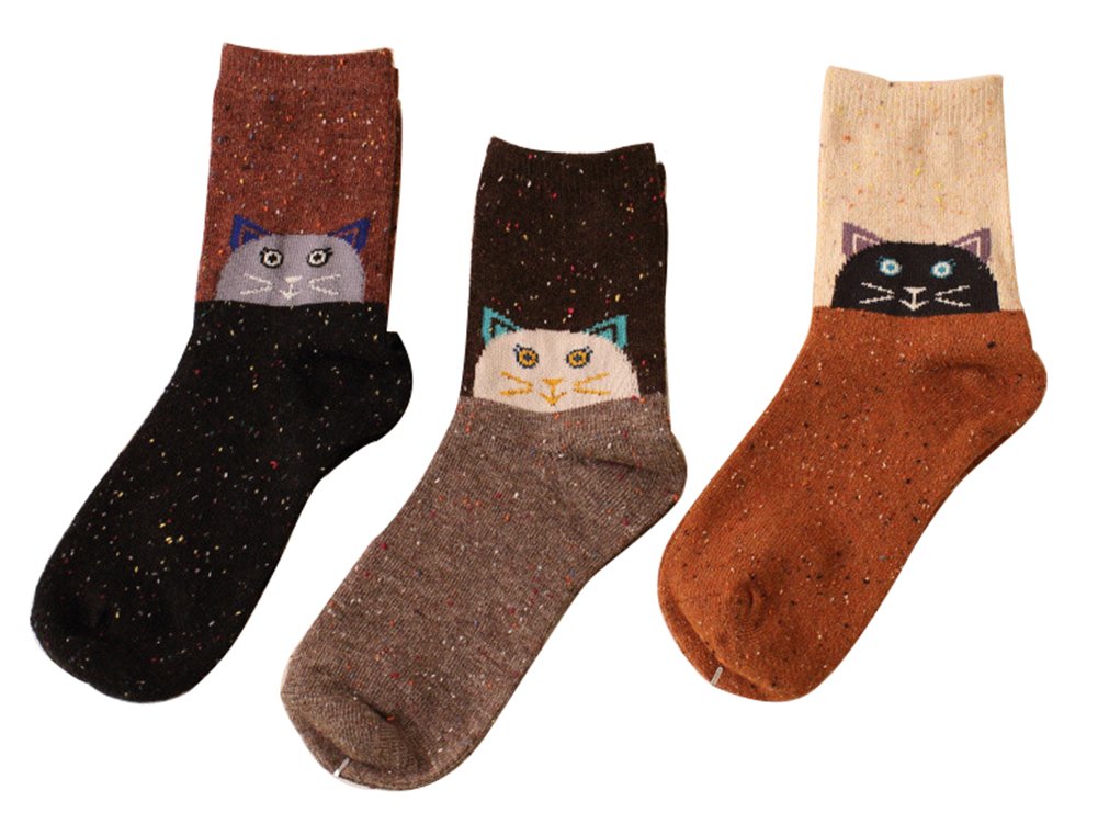 Sunjune Women's Cartoon Wool Crew Socks - 3 Pairs Pack of Warm Winter Mid-Calf Socks for Women - Perfect for Cold Weather, Home, Office & Outdoor Activities