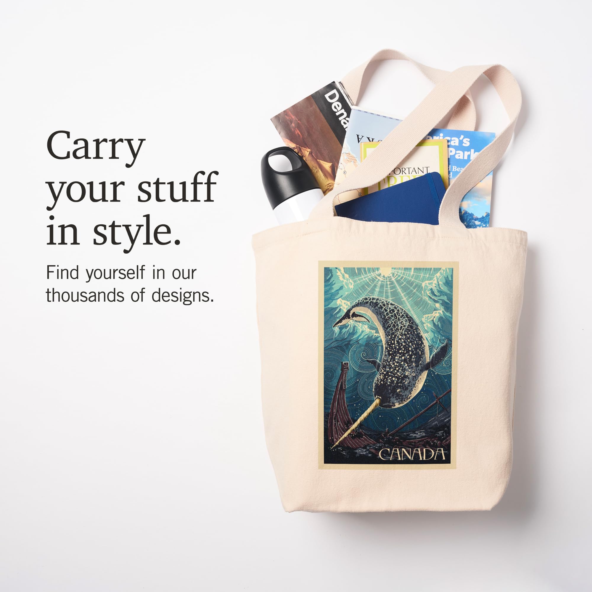 Eco-Friendly 100% Cotton Canvas Reusable Tote Bag with Narwhal Letterpress Design - Perfect for Grocery Shopping, Beach Trips & Everyday Use