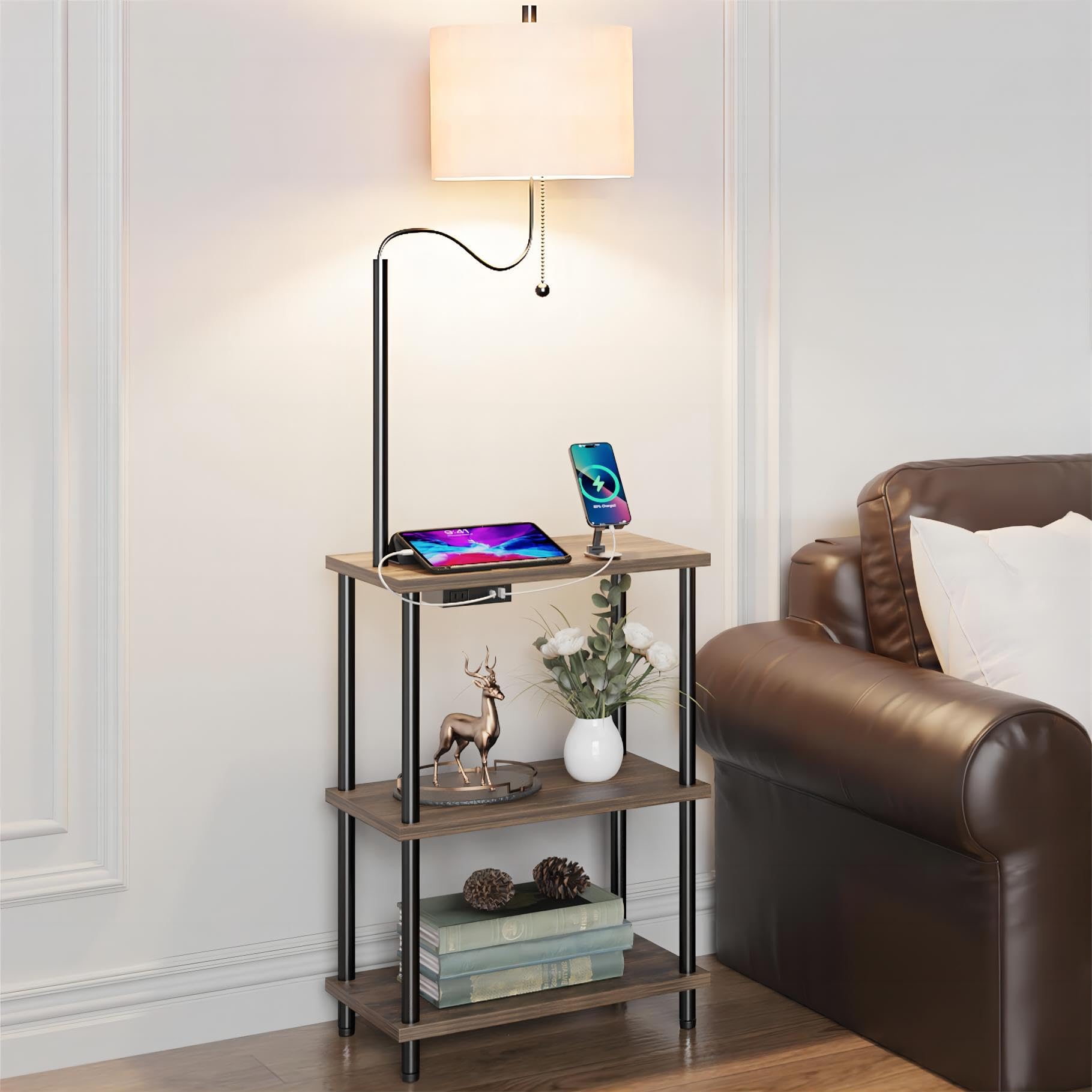 Vintage Floor Lamp End Table with USB & Type-C Charging Station - Retro Bedside Nightstand for Living Room & Bedroom - Adjustable LED Lamp with Bulb Included - Perfect for Reading, Working & Home Decor