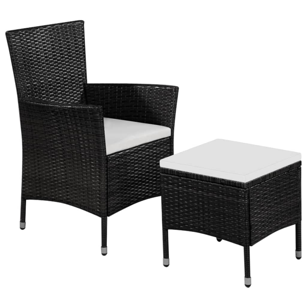 **Black Poly Rattan Patio Chair and Stool Set with Cushions - Modern Indoor/Outdoor Dining, Kitchen, Living Room & Garden Furniture - Perfect for Relaxing, Entertaining & Outdoor Gatherings**