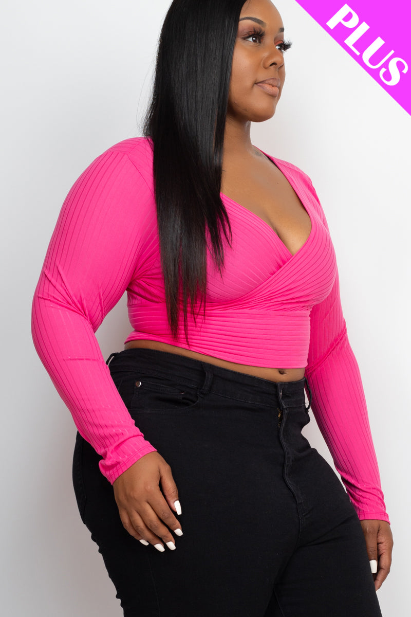 Plus Size Ribbed Wrap Front Long Sleeve T-Shirt for Women | Stretchy Comfort Fit Tops | Casual & Office Wear | Fall & Winter Fashion