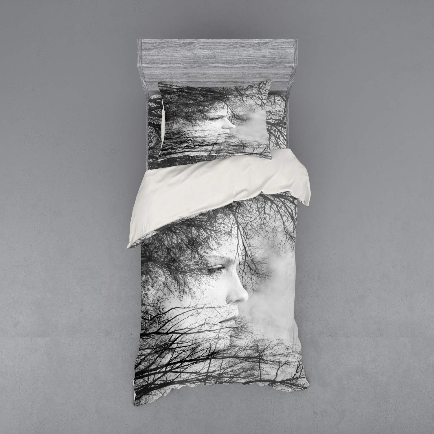 Ambesonne Black and White 3-Piece Duvet Cover Set with Sham & Fitted Sheet - Twin Size, Double Exposure Print of Woman Face Among Tree Branches - Modern Bohemian Bedroom Decor for Teens & Adults