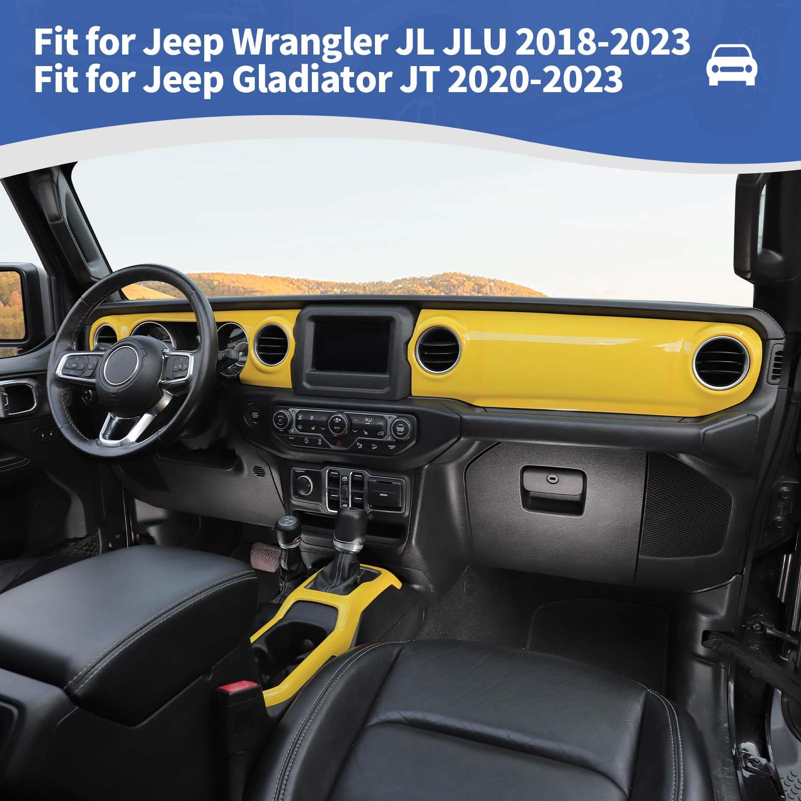 Jeep Wrangler JL JLU & Gladiator JT Dashboard Cover Gear Shift Panel Trim - Yellow Interior Accessories (3pcs) | Fits 2018-2023 Models | Off-Road & Daily Driving Protection