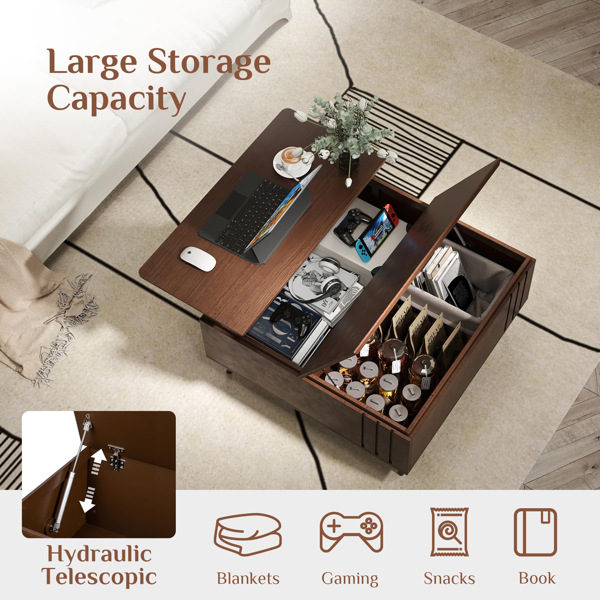 Lift Top Coffee Table with Storage, Mid Century Modern Square, Dark Walnut, Ideal for Living Room, Home Office, and Dining, Functional and Stylish