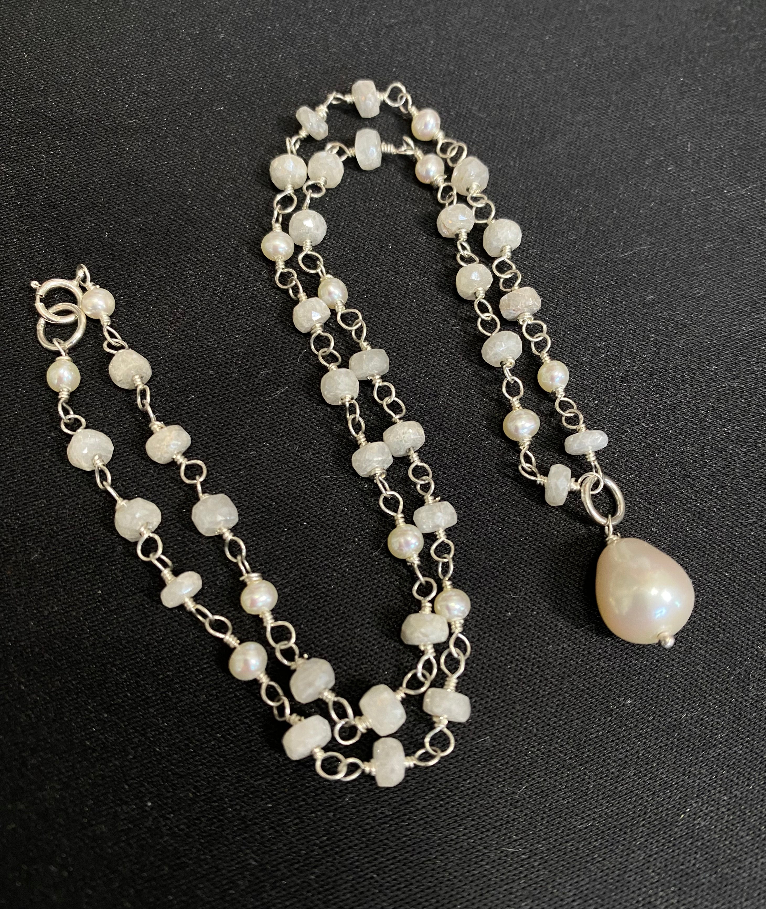 Pearl and White Sapphire Rosary Pendant Necklace - Sterling Silver Jewelry for Women, Elegant Religious Gift for Baptism, First Communion & Prayer