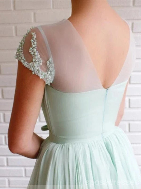 Elegant Mint Green A-Line Short Sleeve Prom Dress with High Slit - Formal Evening Gown for Homecoming, Prom Night & Special Occasions