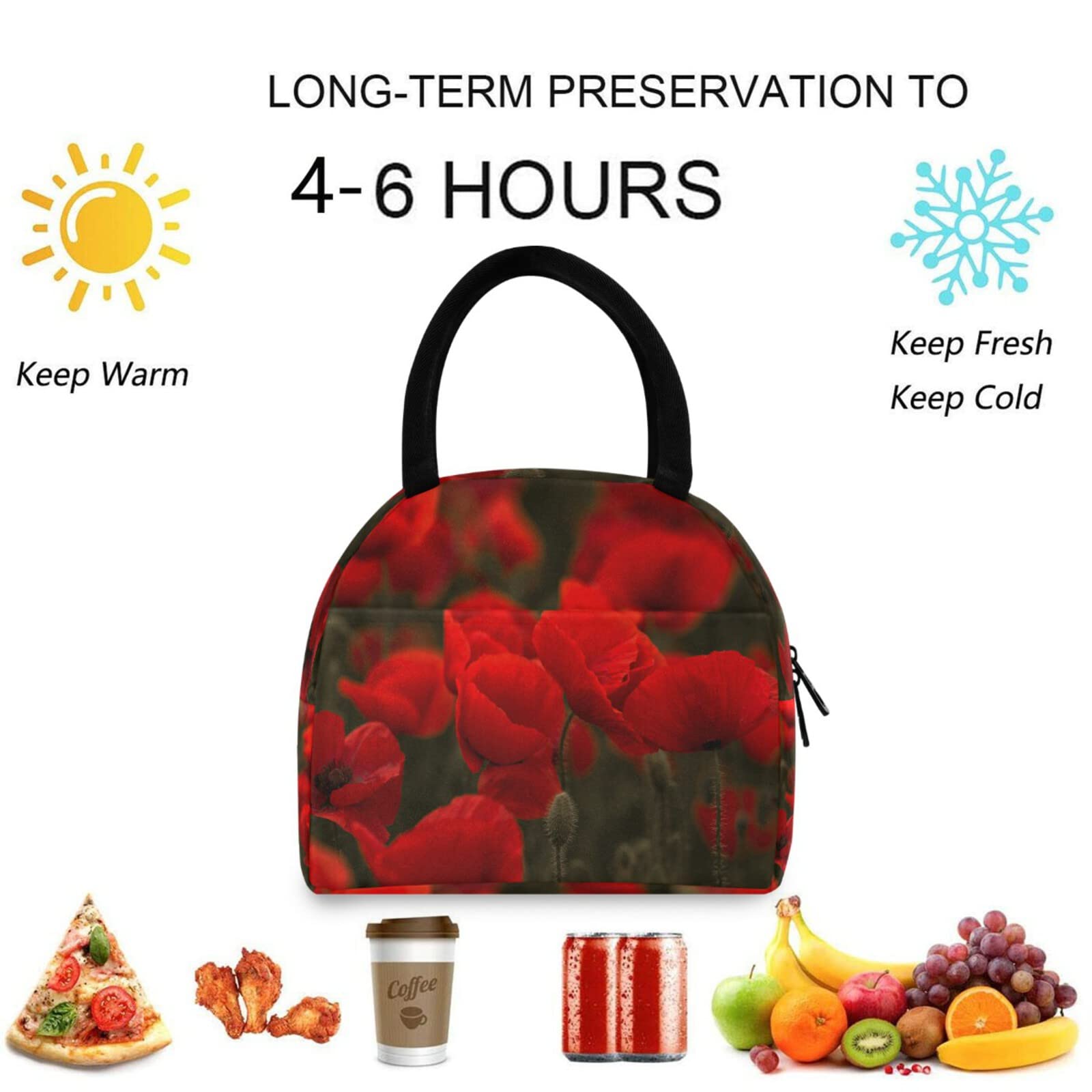 Reusable Insulated Lunch Tote Bag - Red Poppy Field Design | Thermal Cooler Container for School, Work, Picnic, Travel, Fishing & Beach