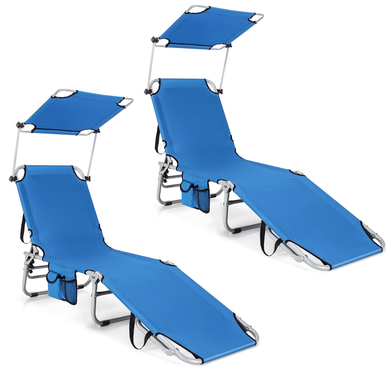 Tangkula 5-Position Folding Reclining Beach Chair with 360° Adjustable Canopy & Side Storage Pocket - Portable Outdoor Lounge Chair for Beach, Pool, Patio, Backyard, Camping & Sunbathing (Navy Blue, 2 Pack)