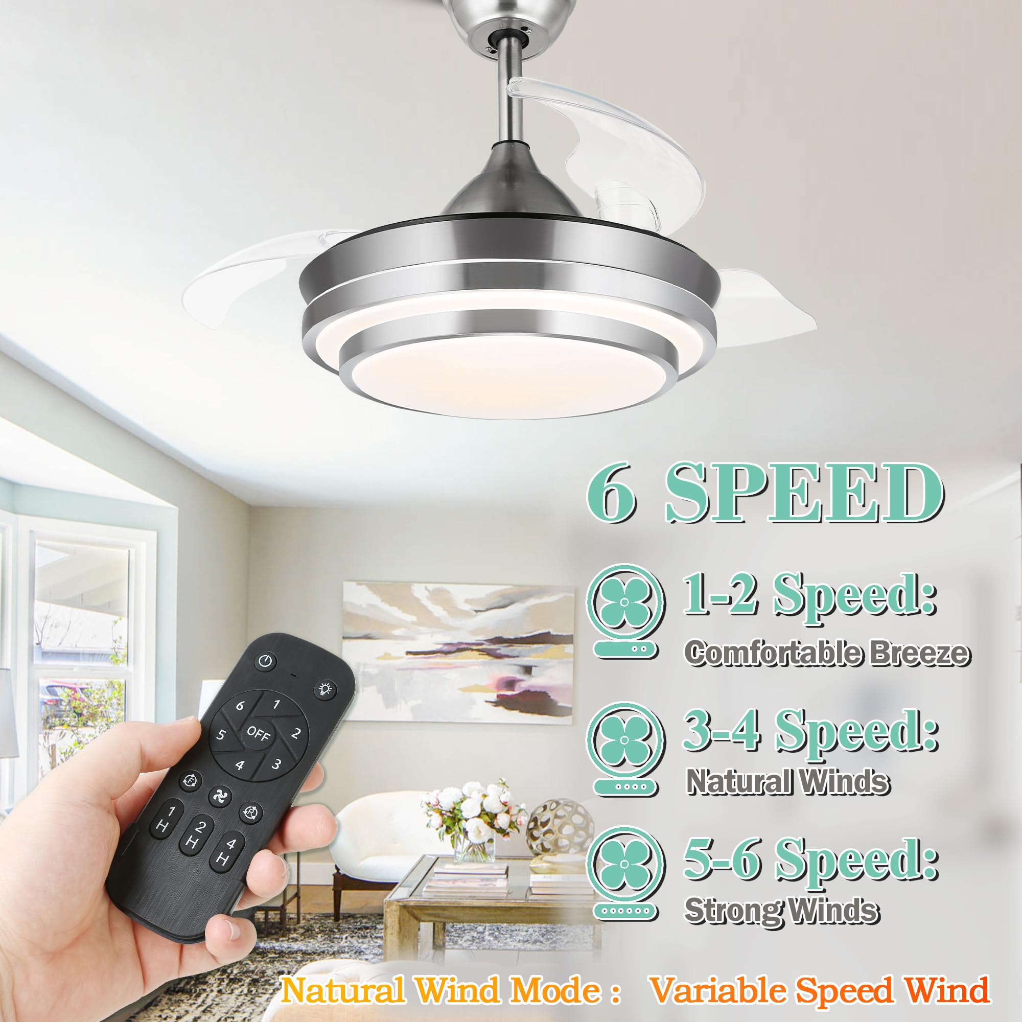 36 Inch Retractable Ceiling Fan with Remote Control - Modern Smart Ceiling Fan with LED Lights, 6 Speed Silent DC Motor, Reversible Blades, 3 Color Temperatures & Timer - Brushed Nickel Finish for Living Room, Bedroom or Office