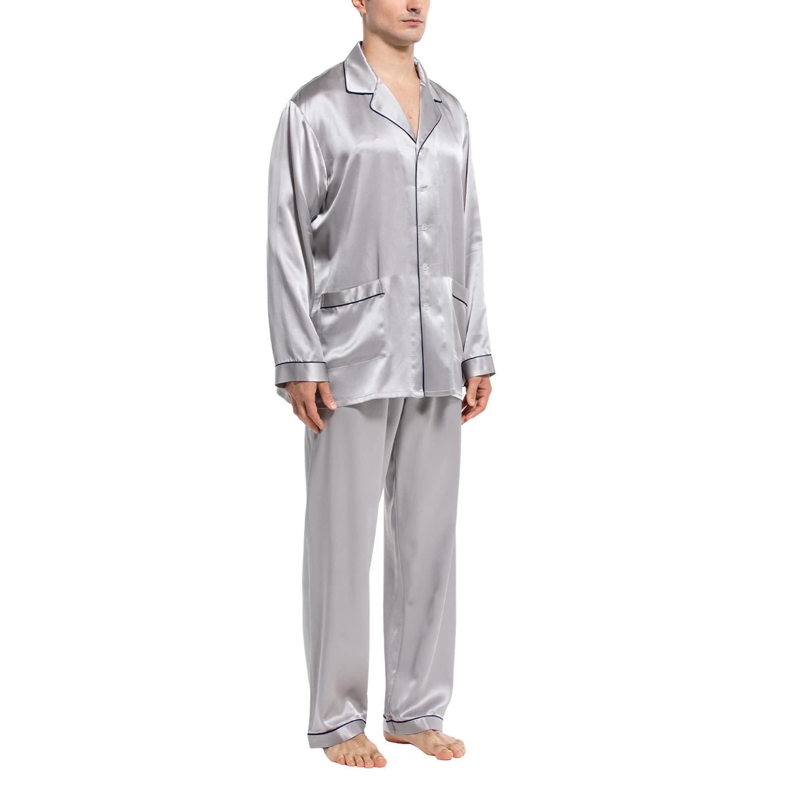 Luxury Men's Silk Pajamas Set - 2PC Long Sleeve Button-Down Sleepwear for Men | Soft & Breathable Silk PJs for Lounge, Sleep & Relaxation at Home