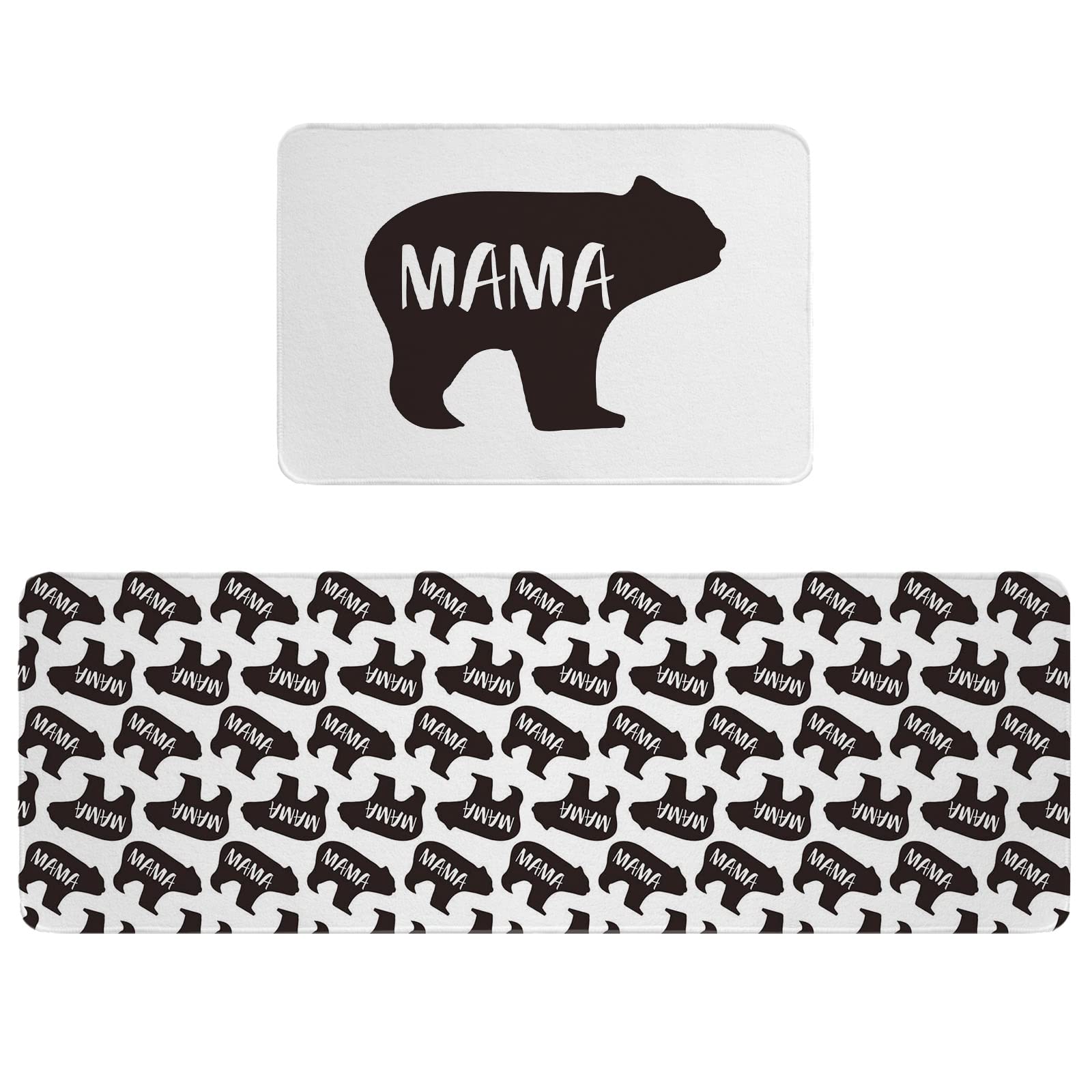 Black Bear Baby Silhouettes Mama Kitchen Rugs Set of 2 - Non-Slip Arctic Animal Floor Mats for Hallway, Kitchen Sink & Laundry Room - Perfect for Entryway, Bathroom & Home Decor