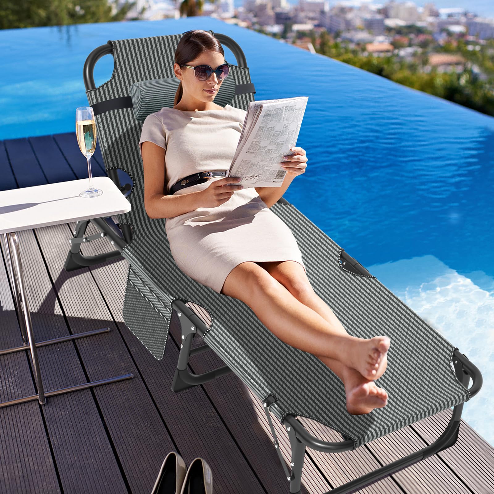 ABORON 5-Position Adjustable Camping Cot for Adults - Portable Folding Sleeping Cot & Outdoor Lounge Chair with Pillow - Perfect for Beach, Lawn, Camping, Poolside & Sunbathing