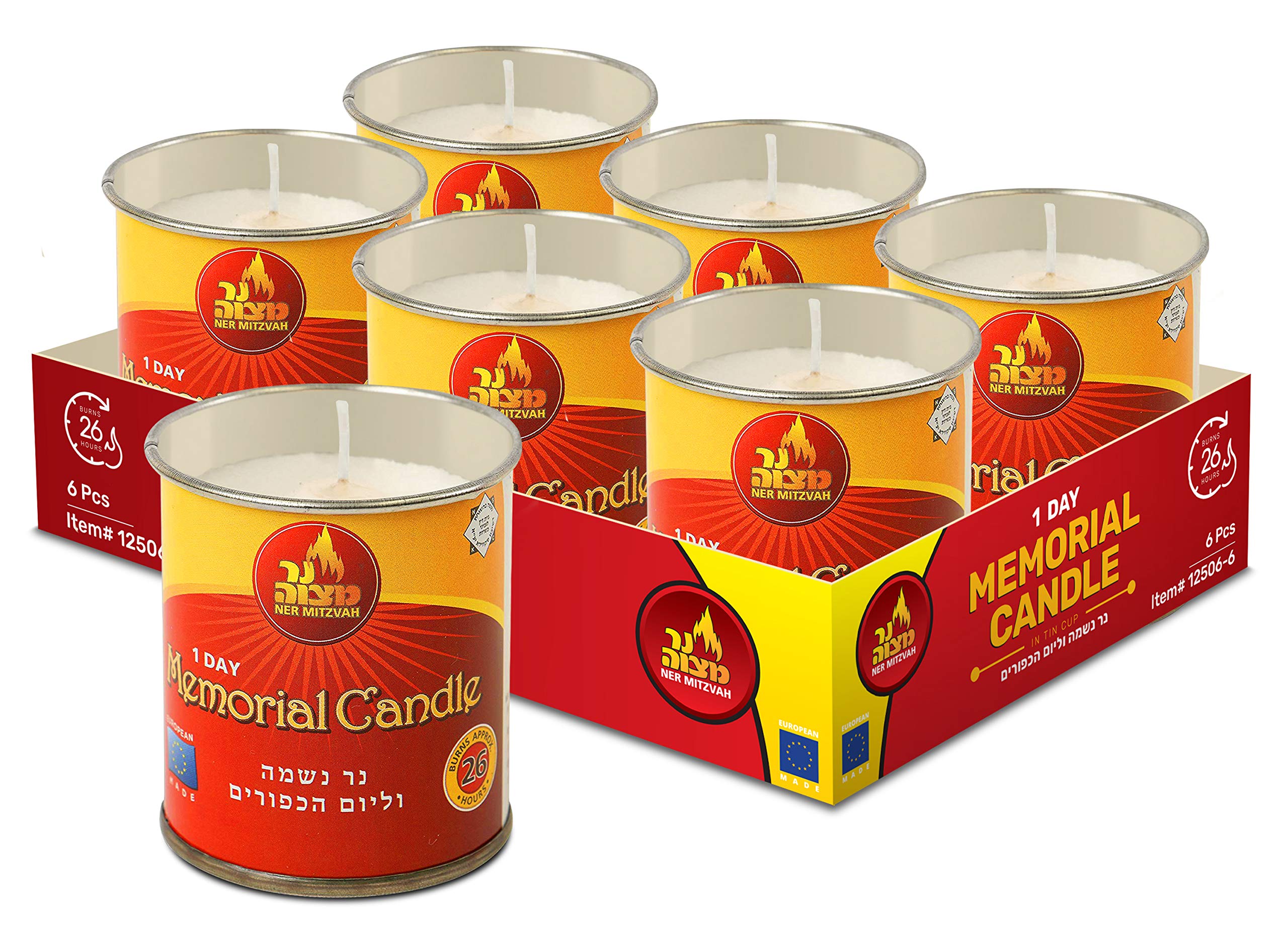 6 Pack Ner Mitzvah 24 Hour Yartzeit Candle - Kosher Memorial Candle for Yahrtzeit & Yom Kippur in Tin Cup Holder - Perfect for Jewish Remembrance Ceremonies & Synagogue Services