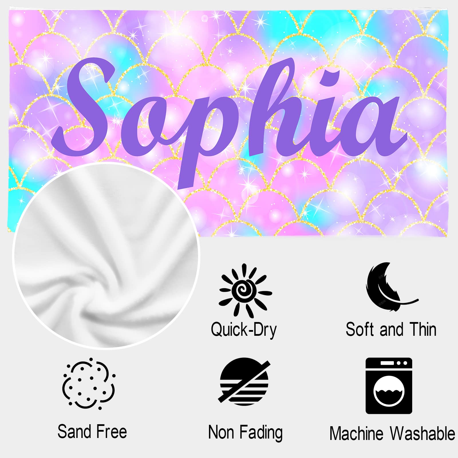 Personalized Kids Beach Towels with Name - Custom Mermaid Design Thin Towel for Girls, 30