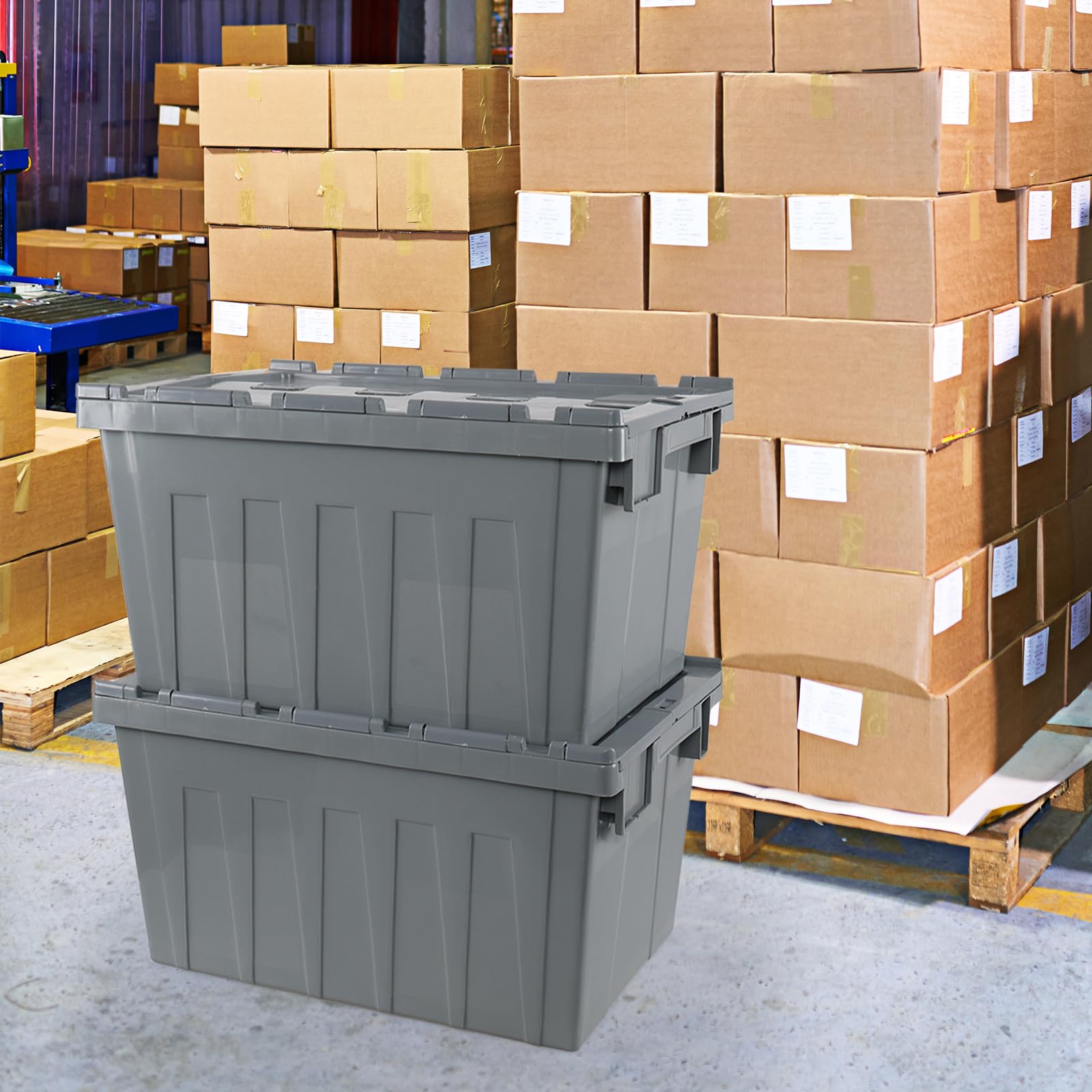 15 Gallon Heavy-Duty Storage Container with Hinged Lid - Industrial Plastic Storage Tote Bin (4-Pack) - Perfect for Warehouse, Garage Organization & Bulk Item Storage
