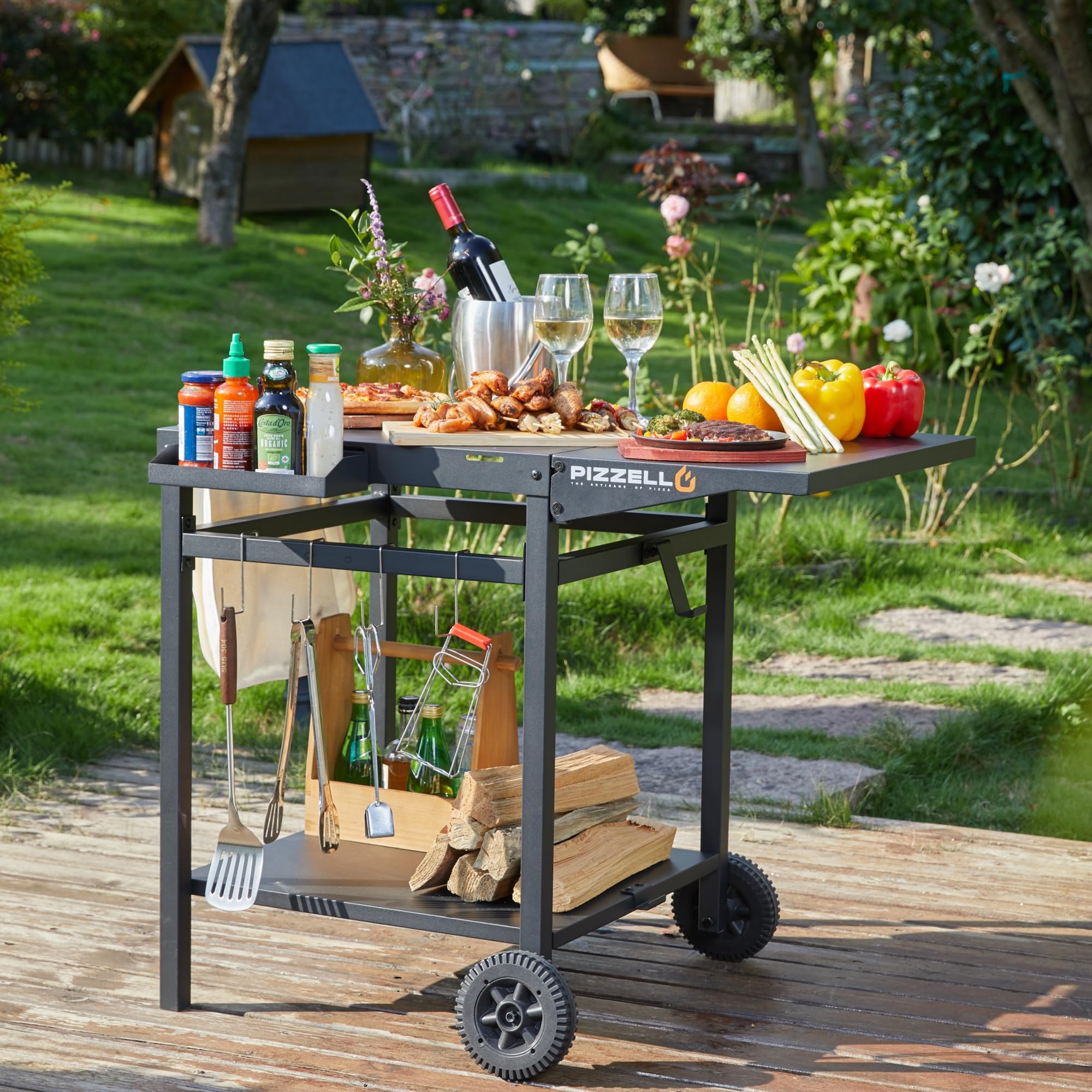 Premium Outdoor Grill Cart with Double Shelves - Foldable & Portable BBQ Table, Movable Food Prep Station, Pizza Oven Stand Trolley with 2 Wheels & Hooks - Perfect for Backyard BBQ, Camping, and Outdoor Kitchen Setup