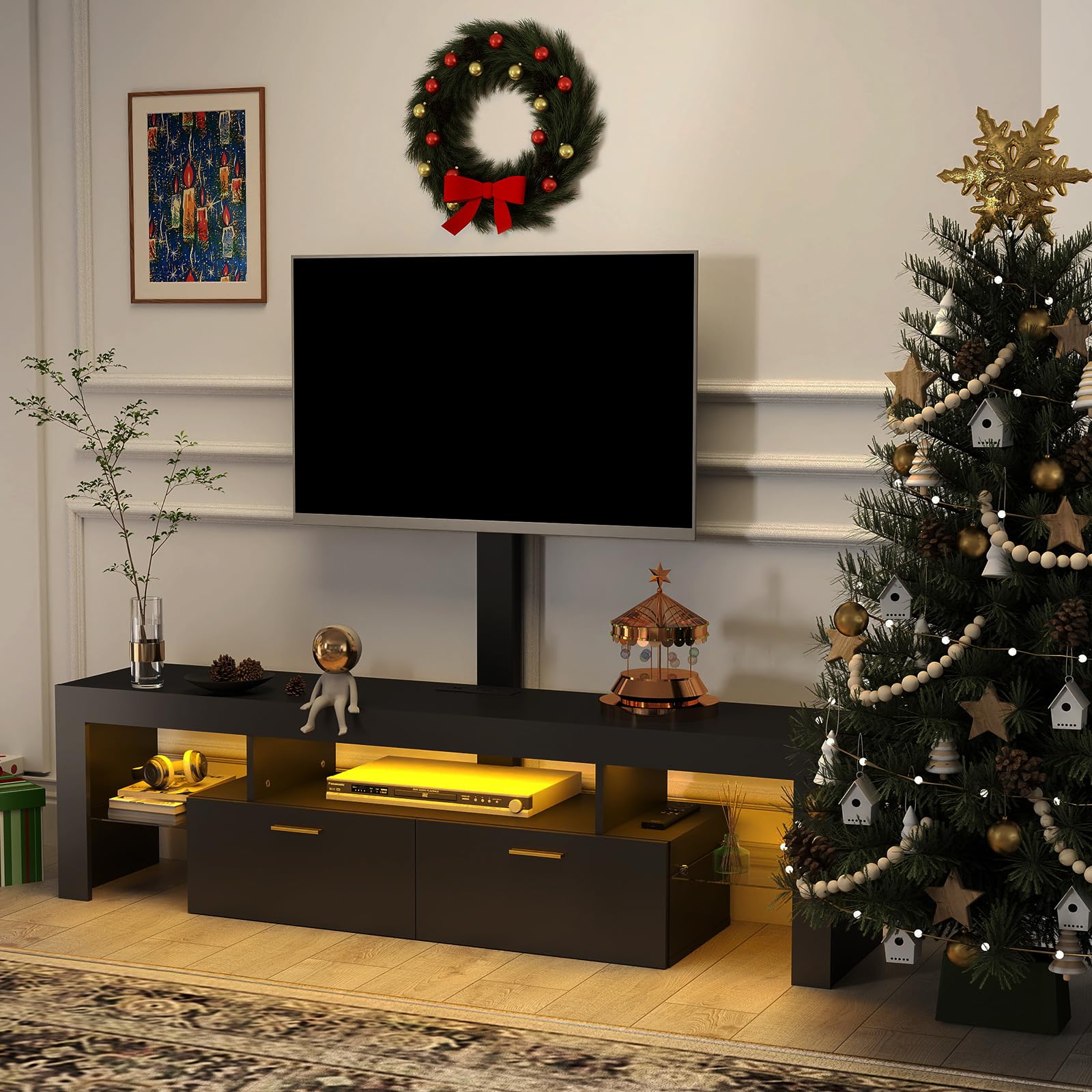 Modern TV Stand with Mount - TV Console with 2 AC Outlets & RGB LED Lights for 80 Inch TVs - Double Cabinet Storage - 40° Adjustable TV Mount - Pure Black - Perfect for Living Room, Bedroom & Home Theater Setup