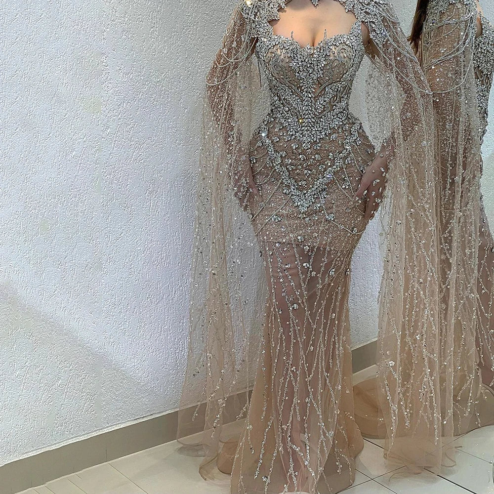 Elegant Nude Mermaid Evening Dress with Beaded Crystal Removable Cape Sleeves - Formal Gown for Prom, Wedding & Red Carpet Events | Serene Hill LA72539