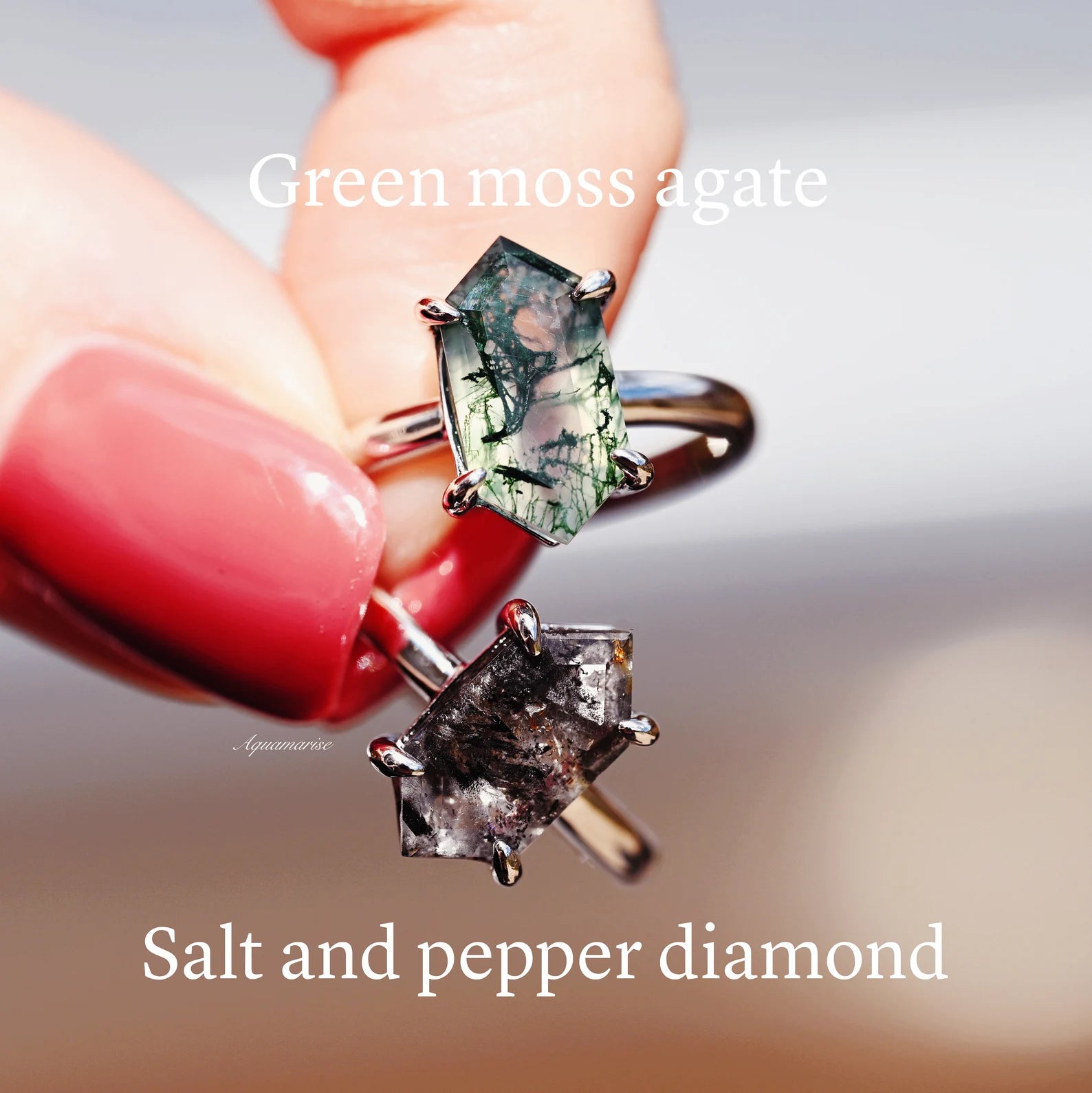 Hexagon Green Moss Agate Ring for Women - Sterling Silver 925 Adjustable Size, Healing Crystal Jewelry for Meditation & Spiritual Gifts