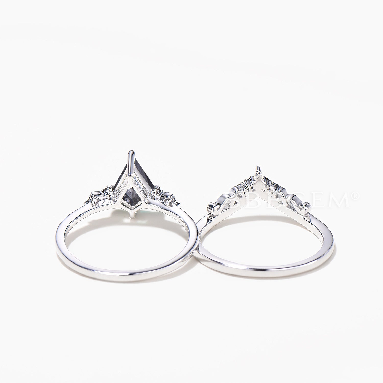 Kite Cut Salt and Pepper Diamond Moon Bridal Set - Black Diamond Wedding Band for Women | Unique Alternative Engagement Ring & Boho Wedding Jewelry