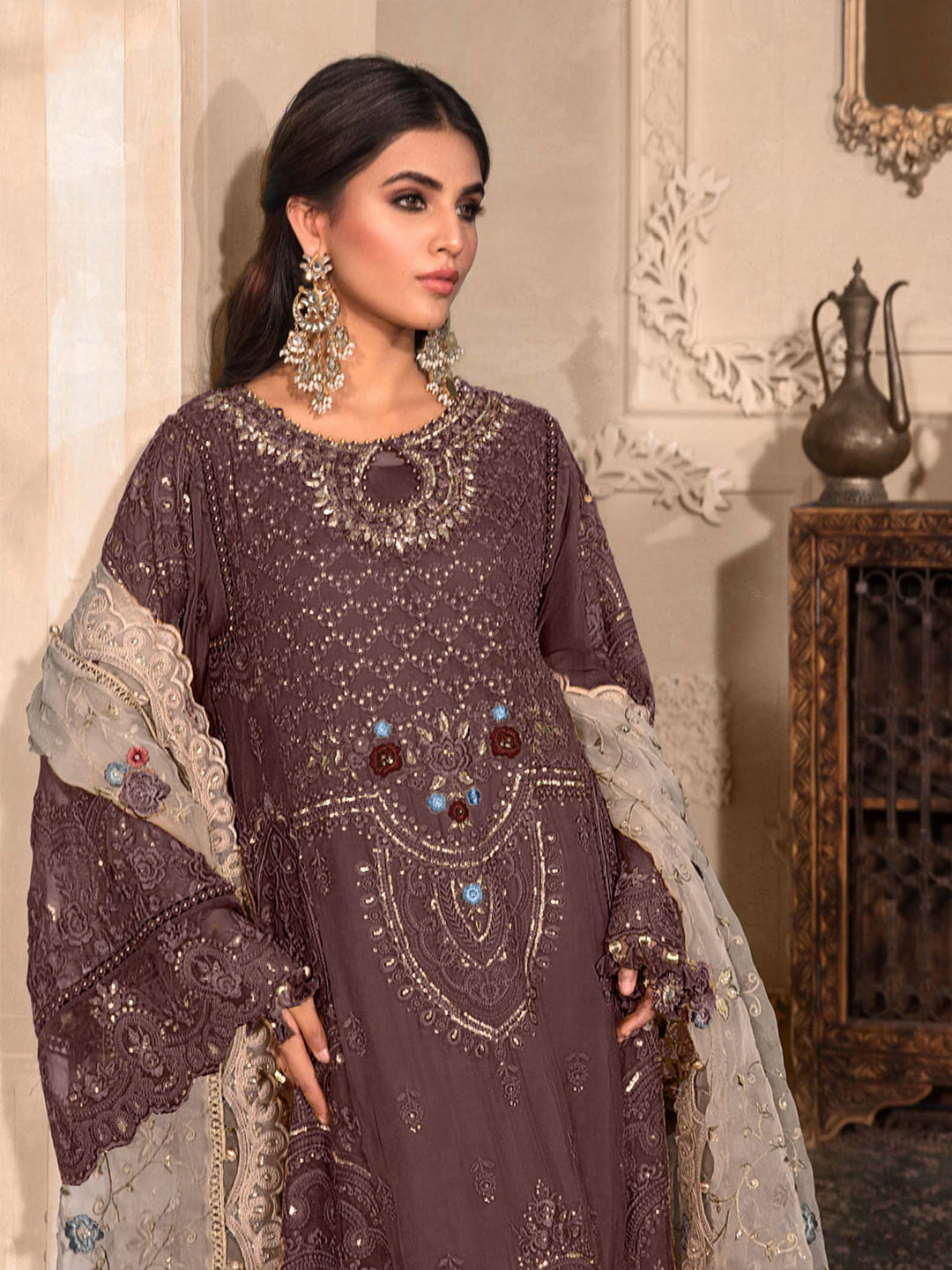 Elegant Coffee Designer Semi-Stitched Pant Suit with Exquisite Embroidery - Perfect for Weddings, Parties & Formal Events