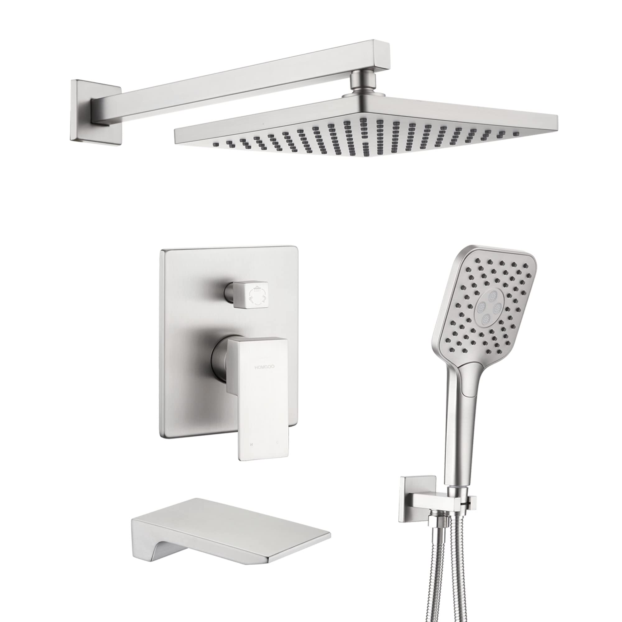 HomGoo 10 Inch Rain Shower System with Tub Spout - Brushed Nickel Wall Mount Shower Faucet Set Including Handheld Shower Head & Rough-in Valve - Perfect for Bathroom Renovation & Spa-Like Shower Experience