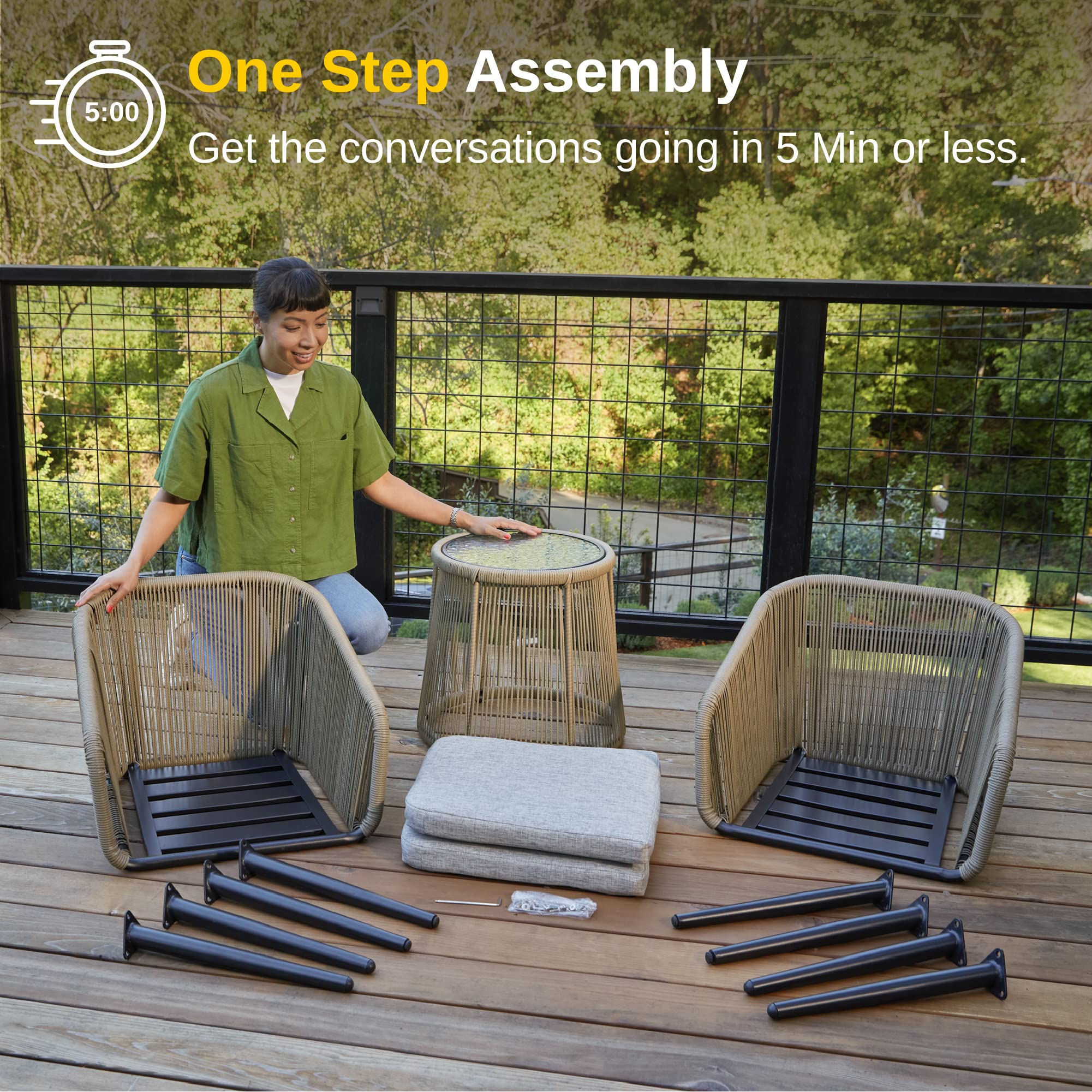 EAST OAK 3-Piece Outdoor Patio Furniture Set - Handwoven Rattan Wicker Chairs with Waterproof Cushions & Tempered Glass Table - Brown & Light Grey Bistro Set for Porch, Garden, Poolside or Backyard Relaxation
