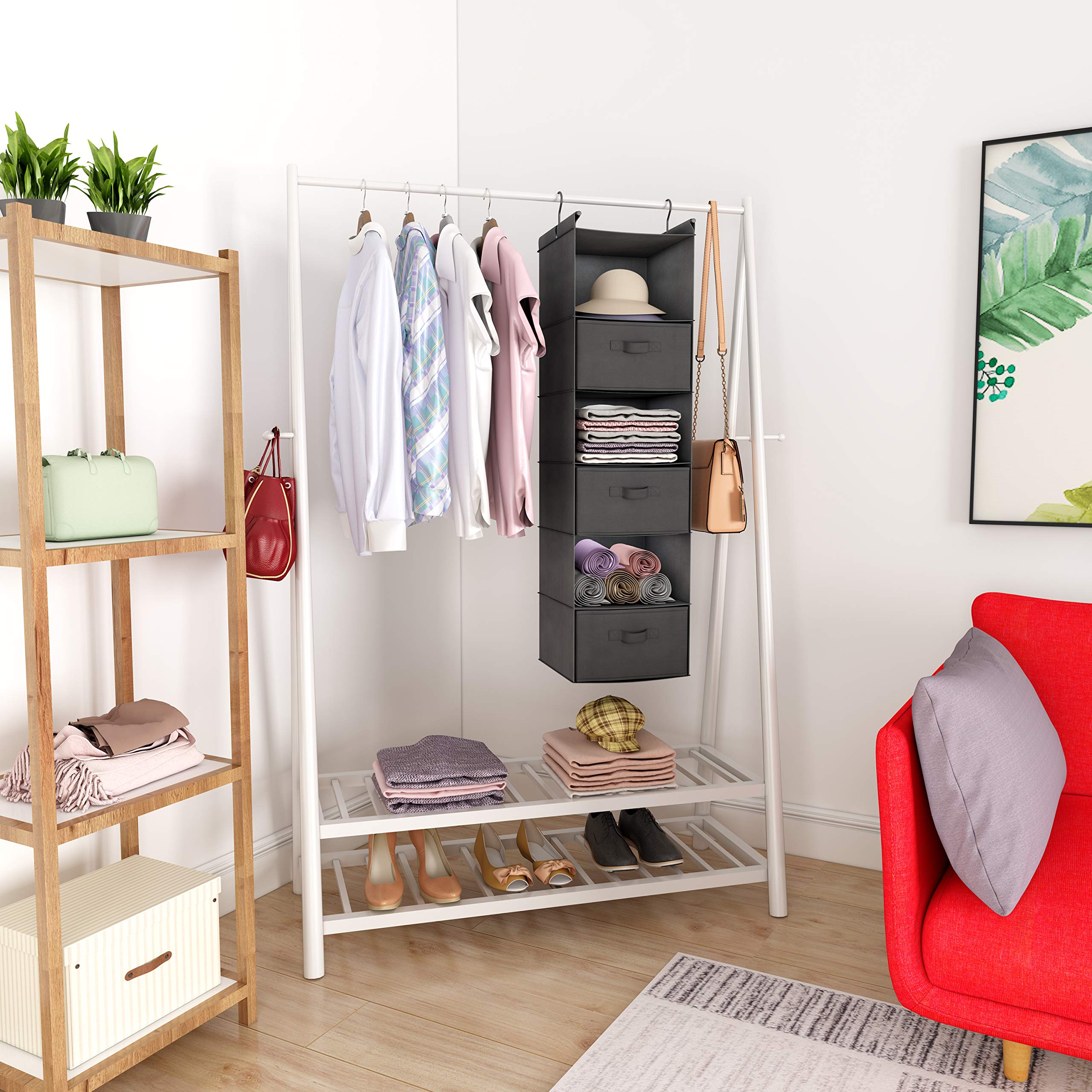 MAX Houser 6-Tier Hanging Closet Organizer Shelf with 2 Heavy-Duty Hooks - Foldable Space-Saving Storage for Clothes, Shoes & Accessories (Grey) - Perfect for Bedroom, Closet & Dorm Organization