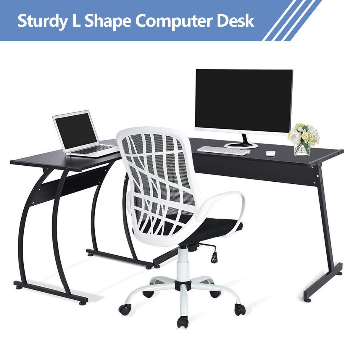 L-Shaped Desk Corner Computer Workstation - Ergonomic Home Office Desk for Laptop, Study & Writing - Space-Saving Black Design for Small Rooms & Apartments