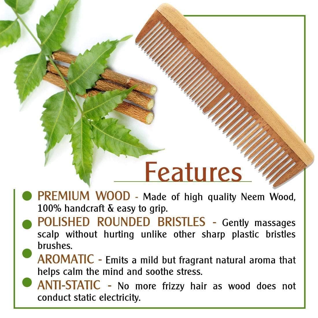Organic Neem Wood Comb for Hair Care - Anti-Static & Scalp Massage - Ideal for Detangling, Shampooing & Styling - GRS Certified Eco-Friendly Comb for Healthy Hair & Scalp