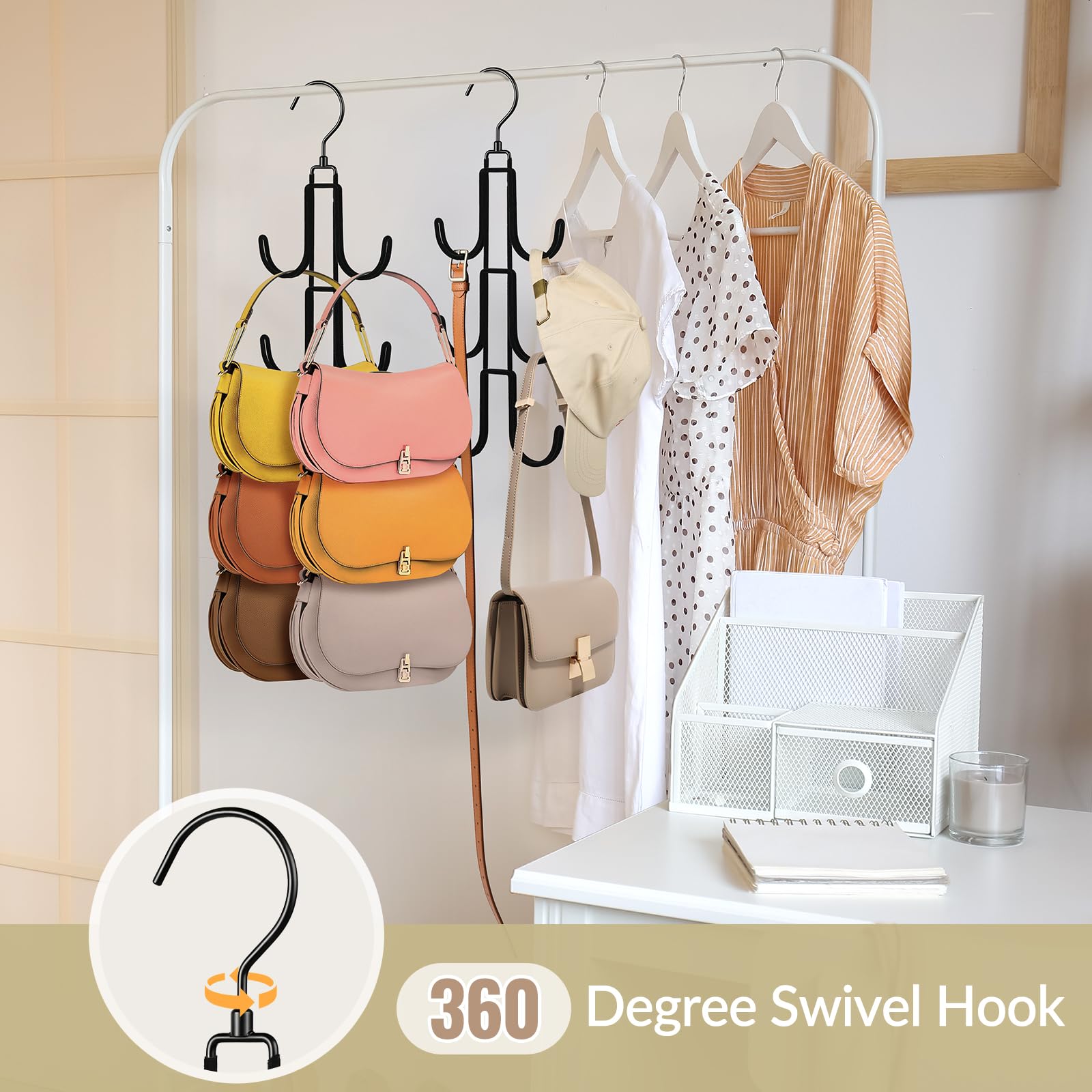 360 Degree Swivel Purse Hanger Organizer - Velvet Handbag Storage Hook with Metal Hanging Rack (2-Pack, Black) | Space-Saving Closet Organizer for Purses, Bags & Accessories | Perfect for Bedroom, Closet & Entryway Organization