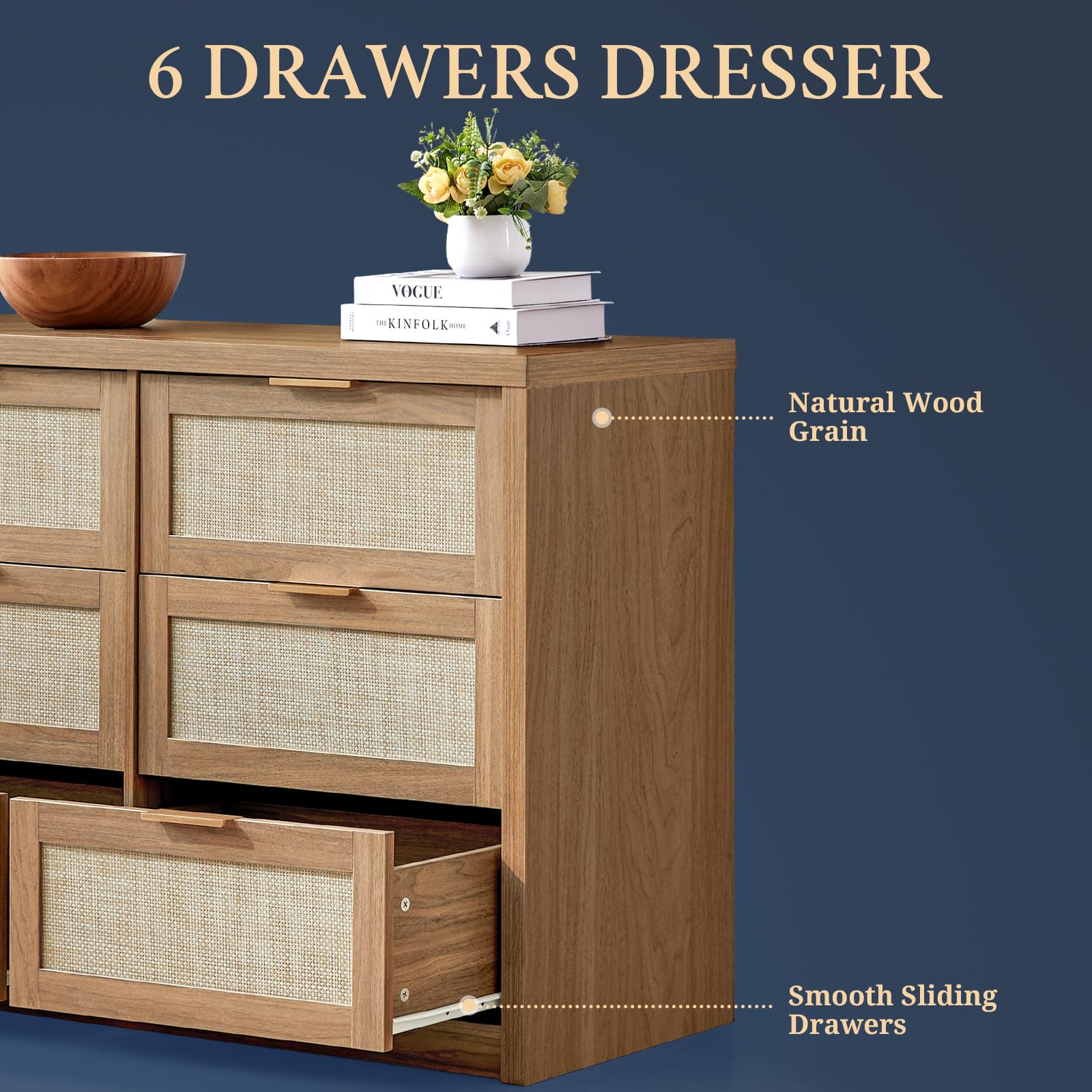 Rattan Boho 3-Piece Bedroom Set - 6-Drawer Dresser & 2 Nightstands with USB-C Charging | Vintage Bedroom Furniture for Master & Guest Rooms