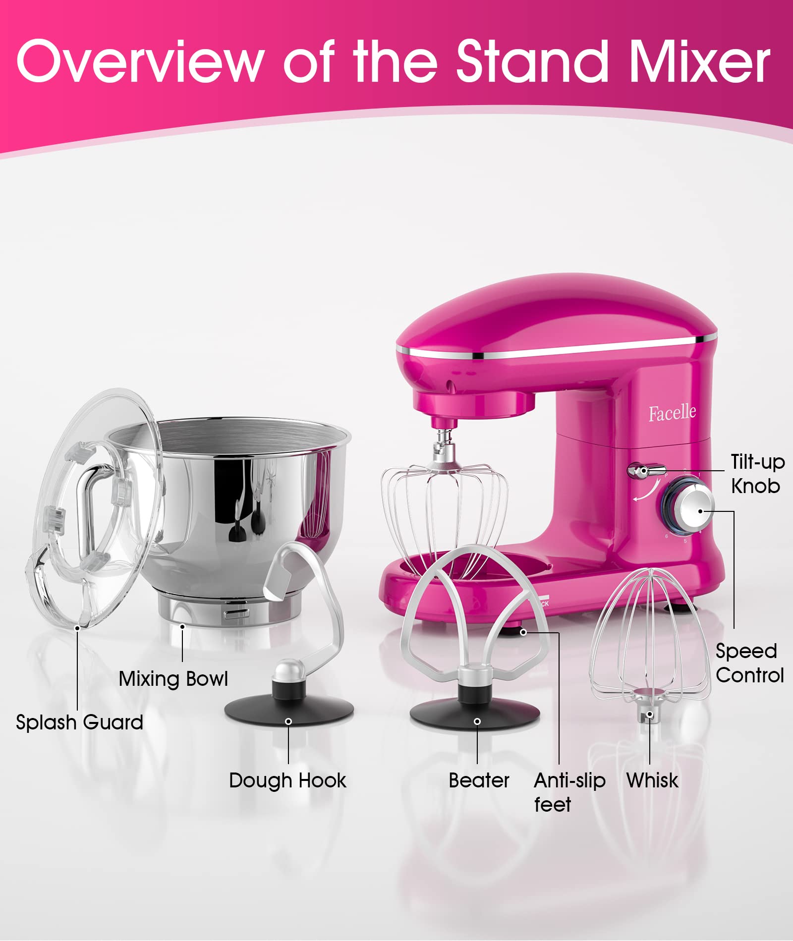 Facelle 660W 6-Speed Tilt-Head Stand Mixer with Pulse Button - 6.5QT Stainless Steel Bowl, Dough Hook, Whisk & Splash Guard - Dishwasher Safe Attachments - Purple Electric Kitchen Mixer for Baking, Cooking & Meal Prep