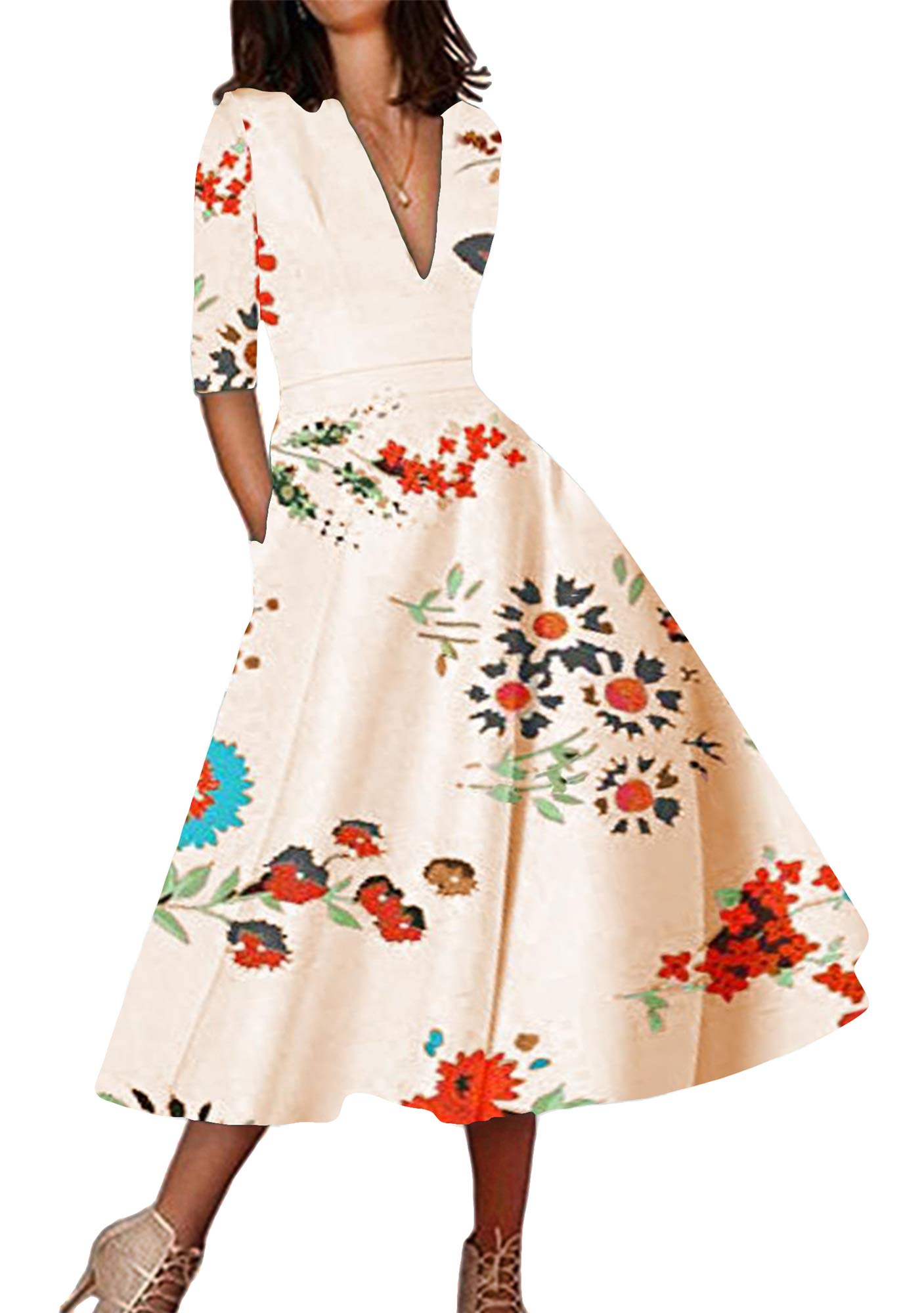 YMING Women's Floral Print Deep V Neck Cocktail Maxi Dress with 3/4 Sleeves & Pockets - Elegant Pleated Swing Long Dress for Party, Wedding & Special Occasions