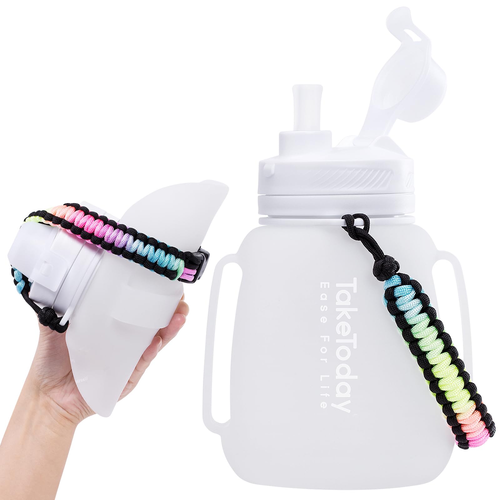 1.2L (40oz) Motivational Collapsible Water Bottle with Straw & Paracord Handle - Reusable Silicone Sports Jug with Time Marker, Leakproof Design for Yoga, Hiking, Gym & Outdoor Activities