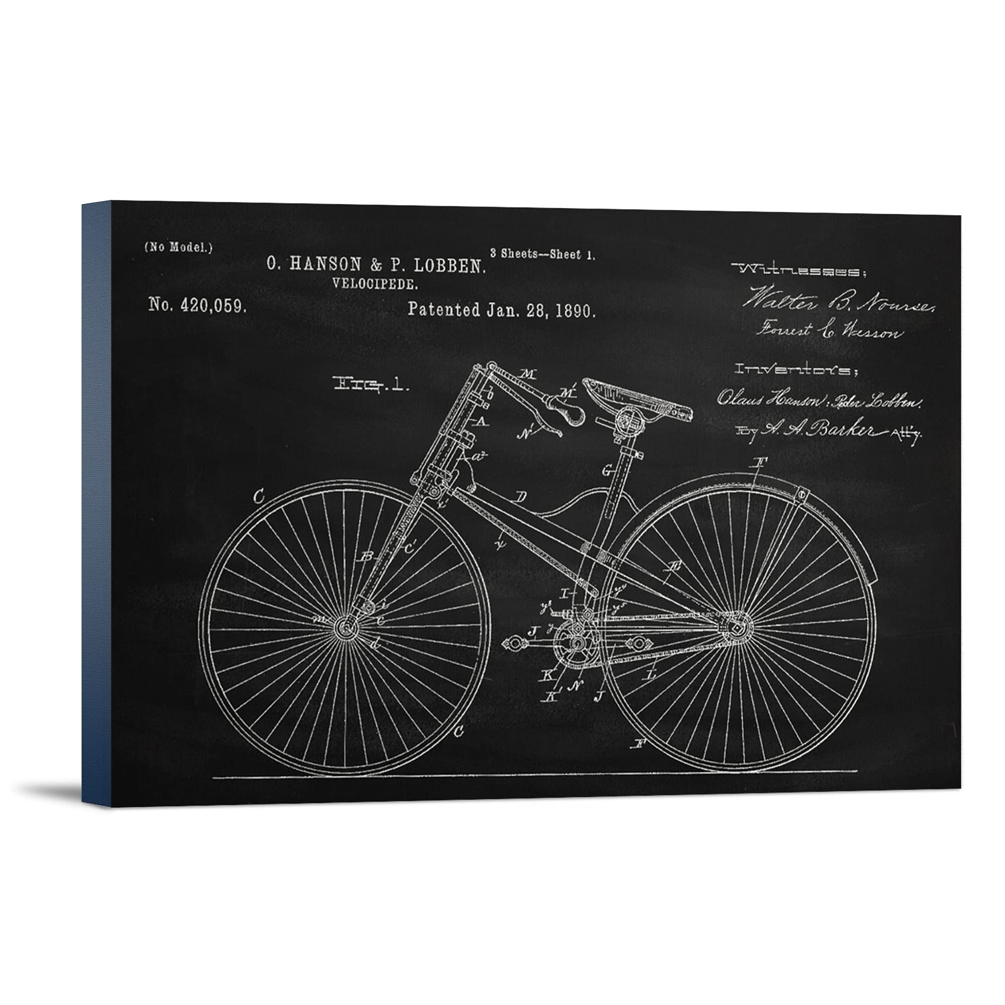 Vintage 1890 Bicycle Patent Blackboard Wall Art - 16x24 Wrapped Canvas Print for Home & Office Decor | Perfect for Living Room, Bedroom or Study Room