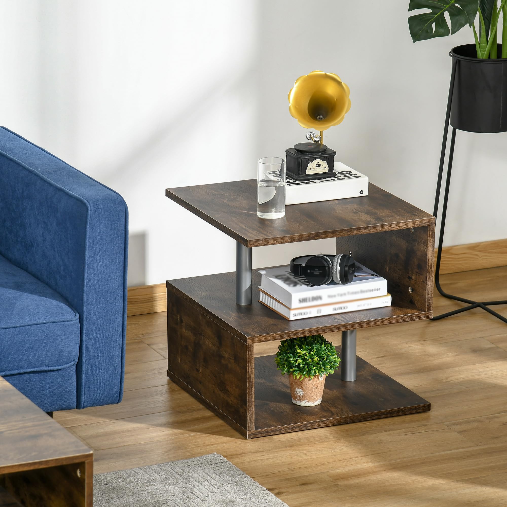 HOMCOM 3-Tier Industrial S-Shaped Side Table with Open Storage Shelf - Small End Table or Coffee Table for Living Room, Bedroom, Office - Perfect for Holding Books, Plants & Decor