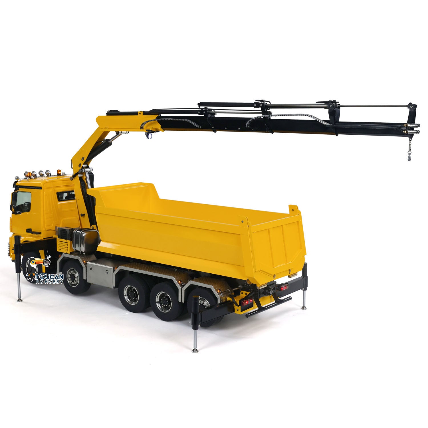1:14 Scale 10x10 RC Hydraulic Crane Truck - Full Dump Metal Lorry with Rear Axle Steering & U-Shaped High-Standard Bucket & Timber Flatbed - Perfect for Construction Site Simulation, RC Hobbyists, and Collectors