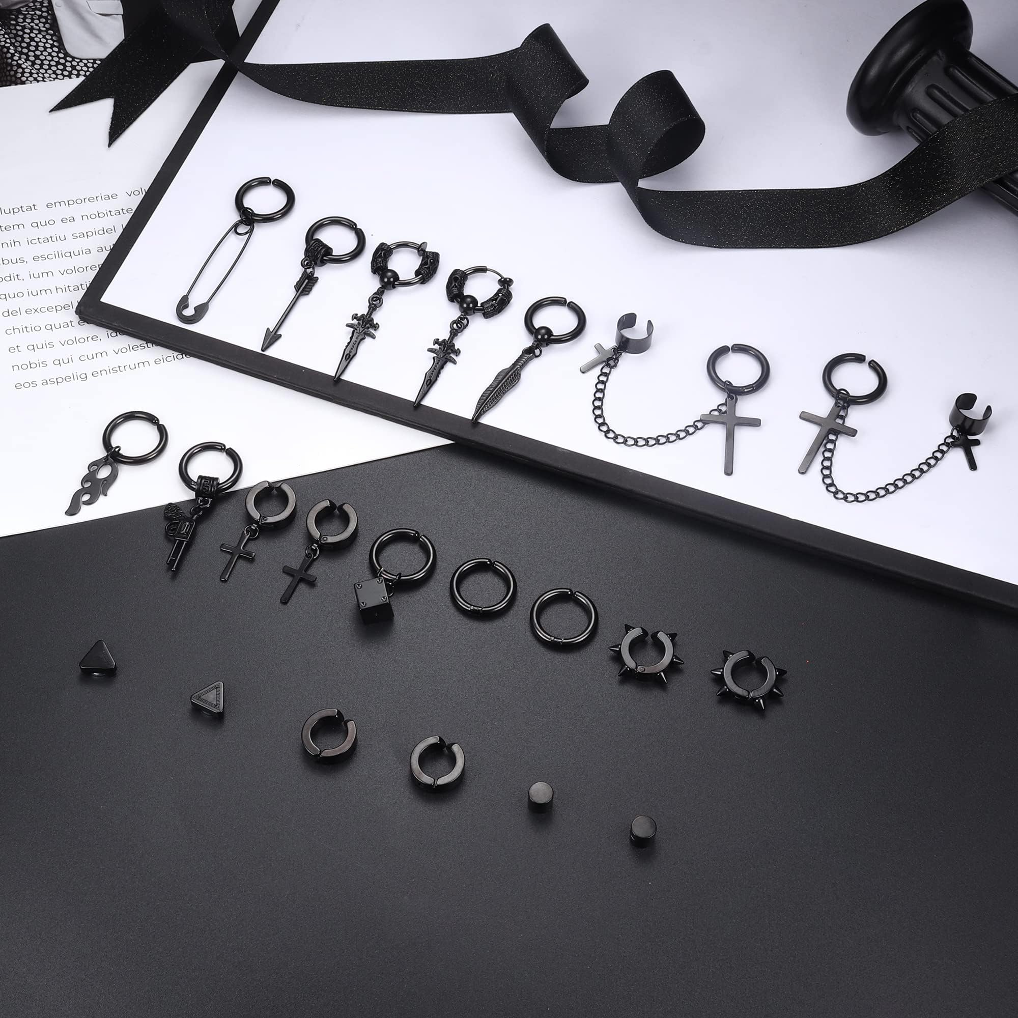 22Pcs Stainless Steel Clip On Earrings for Men & Women - Cross Chain Pendant Non-Piercing Huggie Hoop Set | Black Fake Earrings for Everyday Wear, Parties & Gifts
