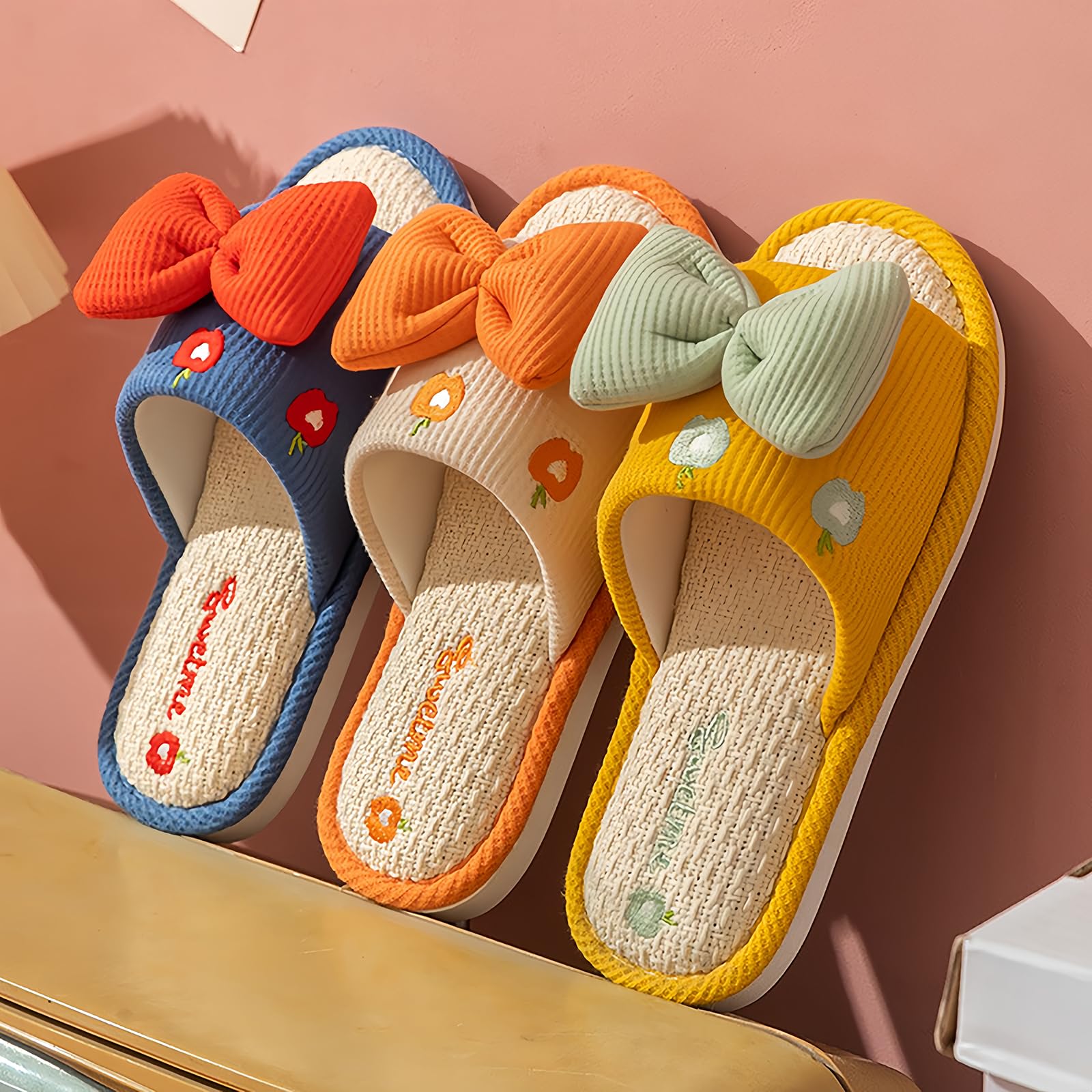 Comfortable Linen Slippers with Cute Bow & Non-Slip Thick Sole - Cozy Home Footwear for Women, Perfect for Indoor Relaxation and Lounging