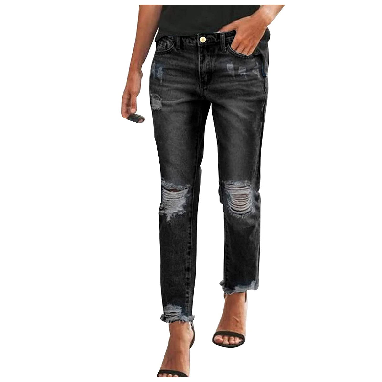 Distressed Skinny Jeans for Women - Raw Hem Relaxed Fit Ripped Stretch Jeggings | Casual Wear & Street Style Outfits