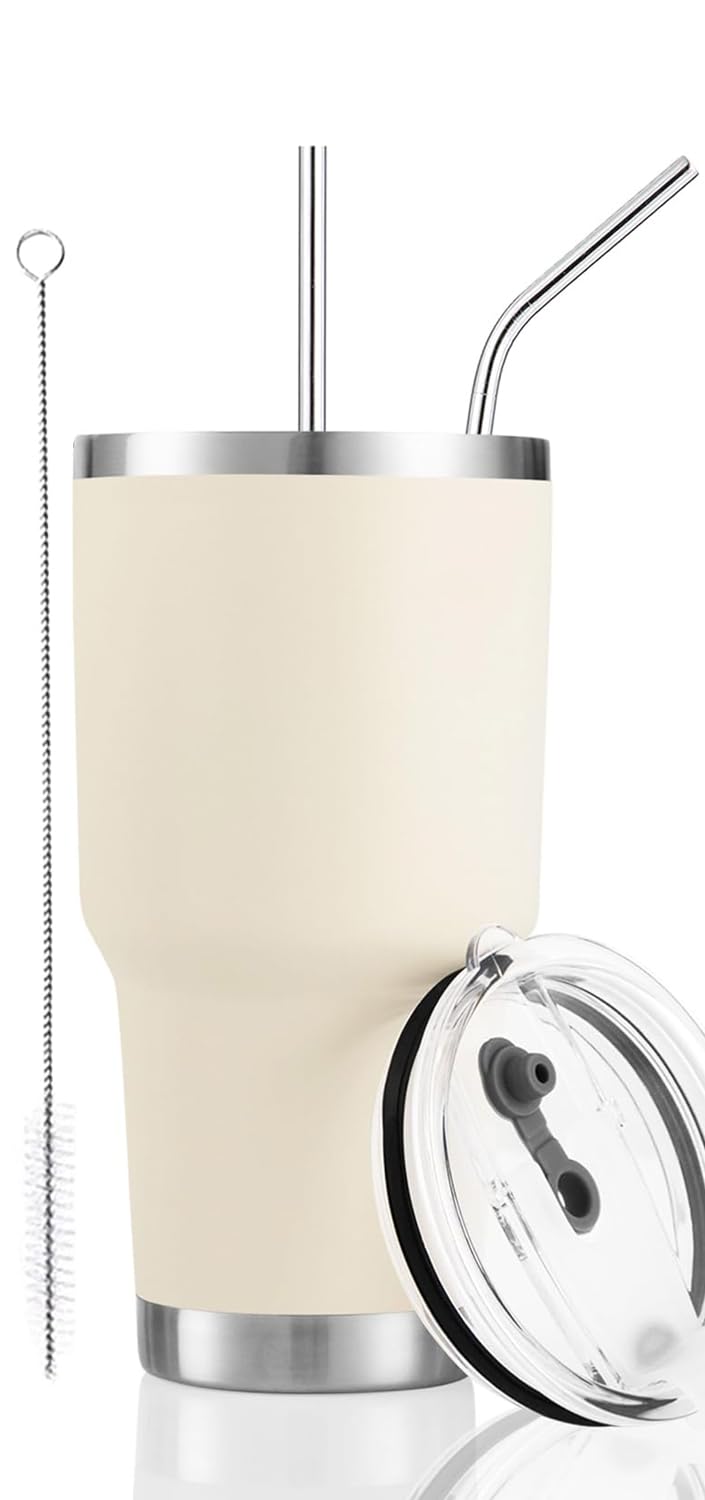 30oz Cream Stainless Steel Insulated Tumbler with Straw & Cleaning Brush - Double Wall Vacuum Travel Mug for Hot/Cold Drinks - Perfect for Coffee, Tea, Gym, Office & Outdoor Activities
