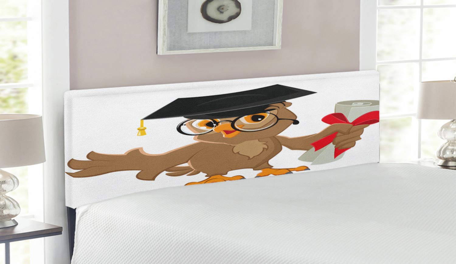 Owl Graduation Headboard - Cap & Diploma University Themed Humor Metal Bed Frame with Memory Foam, Queen Size in Cocoa Black | Perfect for Dorm Rooms, College Graduation Gifts & Themed Bedroom Decor